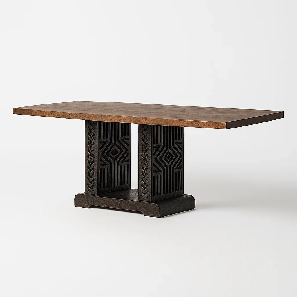 Table à manger rectangulaire en bois massif et métal sculpté