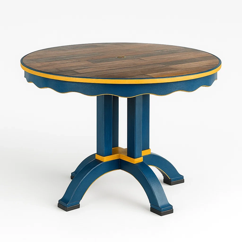 Table à manger ronde en bois massif bleu et jaune