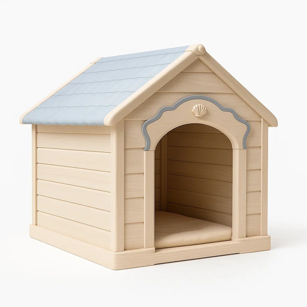 Niche pour chien en bois et plastique beige bleu