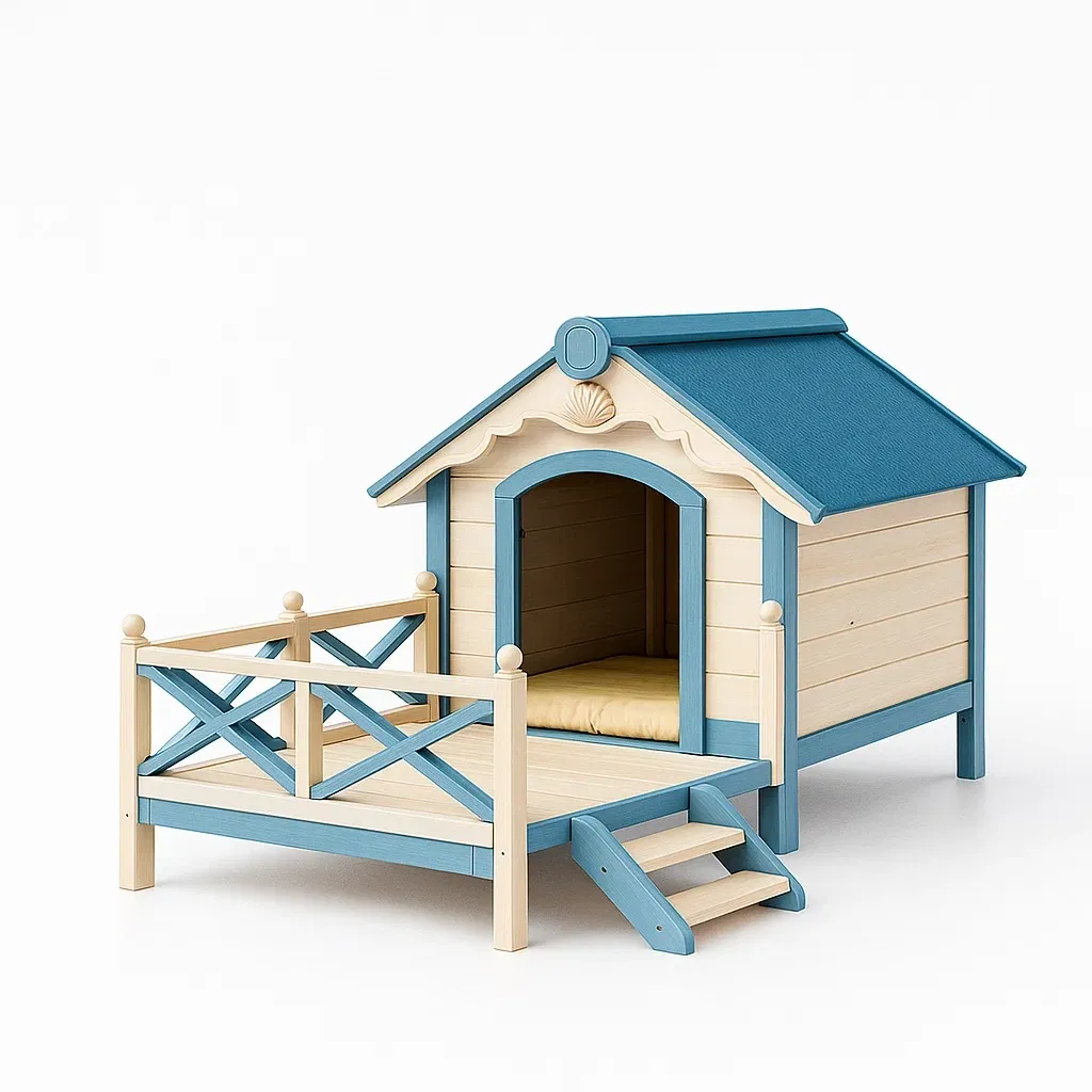 Niche pour chien en bois de pin avec terrasse beige bleue