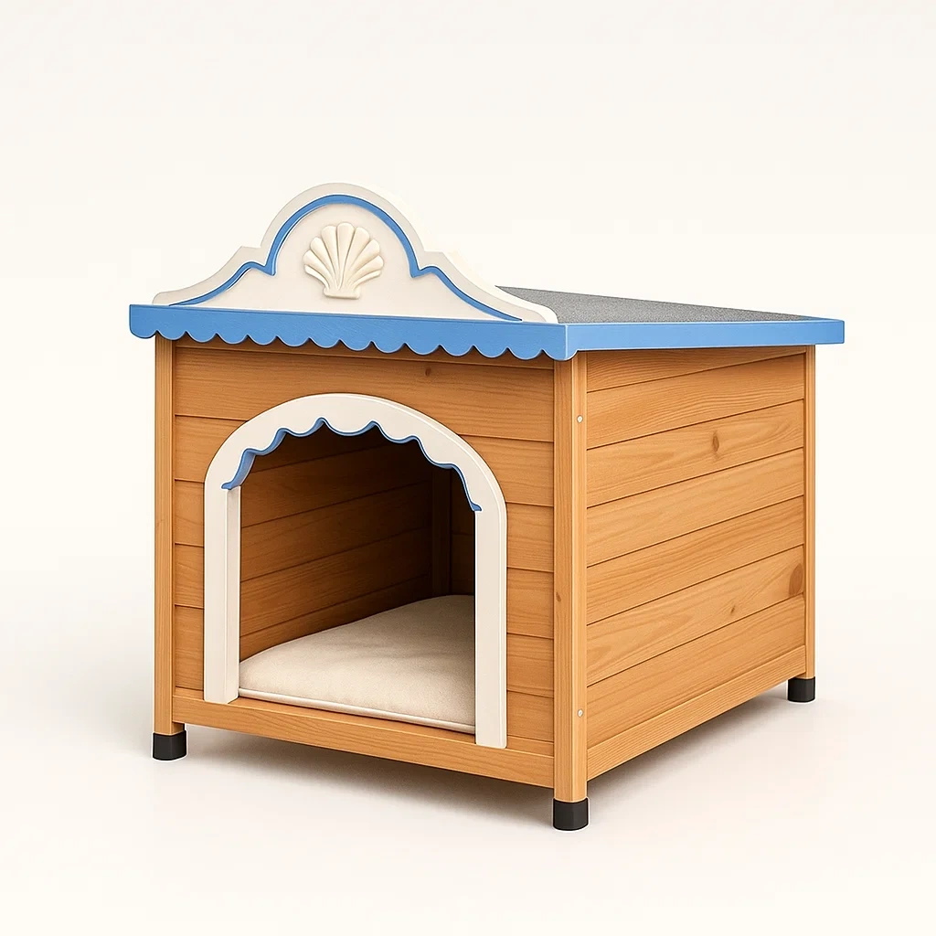 Niche pour chien en bois avec toit en plastique bleu