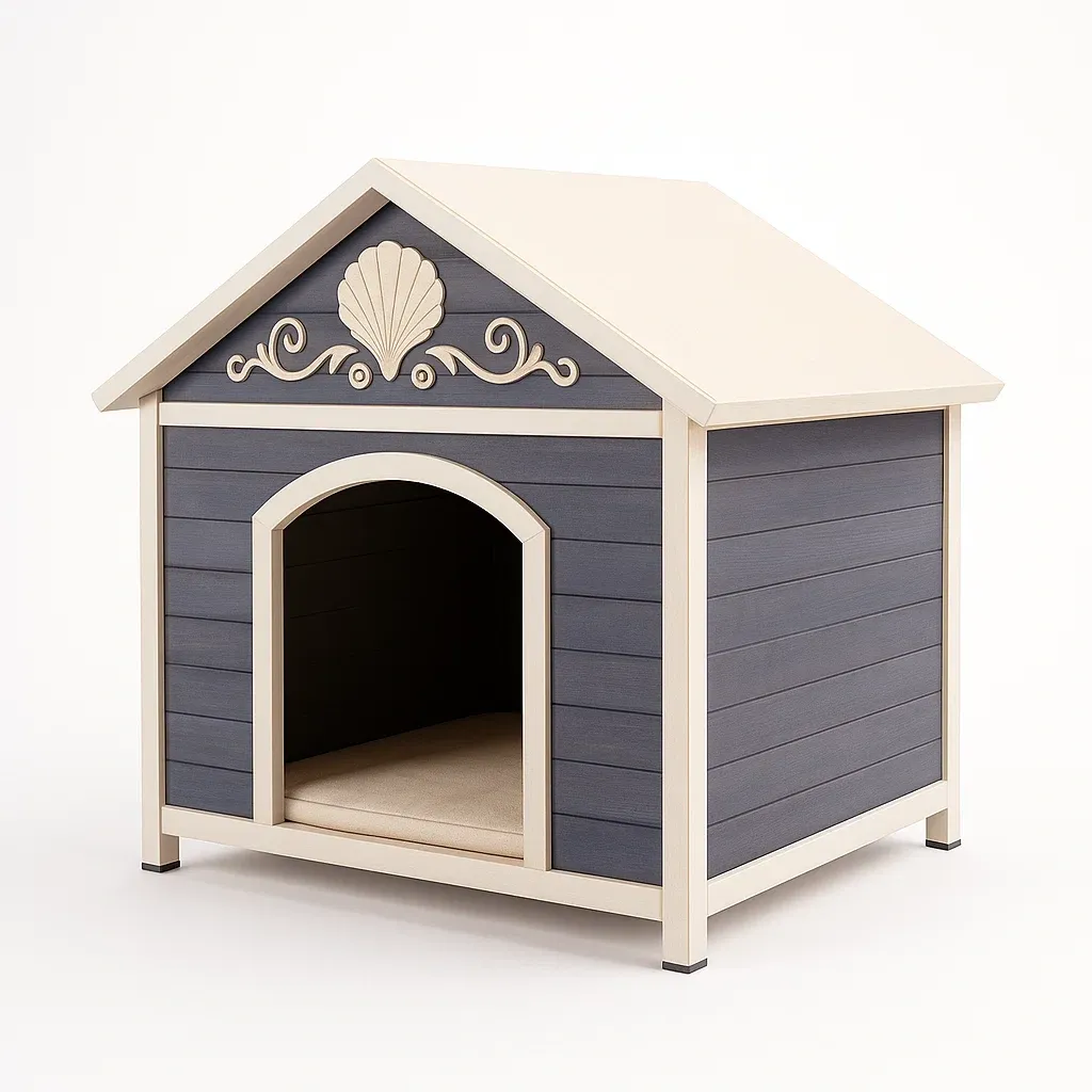 Niche pour chien en bois MDF gris et blanc avec décoration coquillage