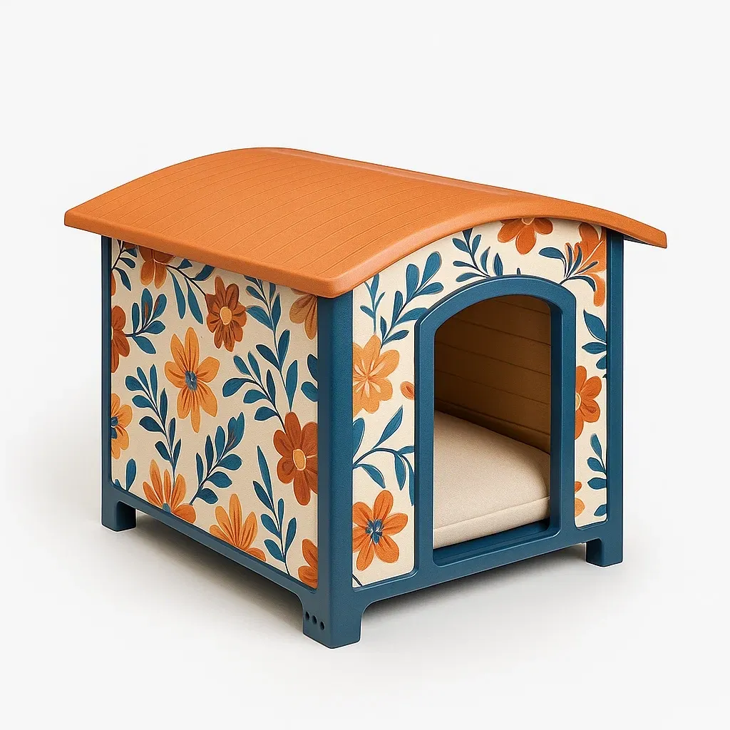 Niche pour chien en plastique avec motifs floraux orange bleu