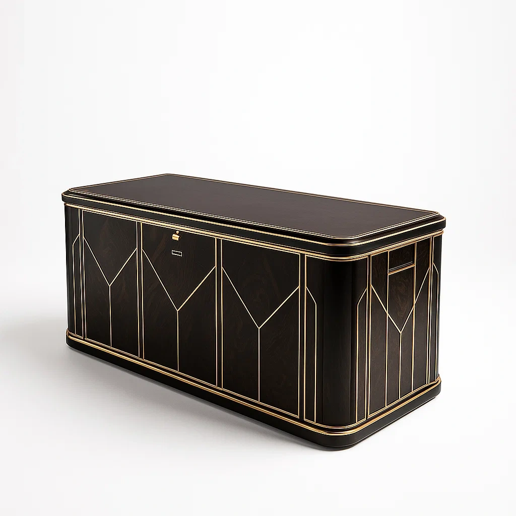 Coffre de rangement en bois avec incrustations dorées