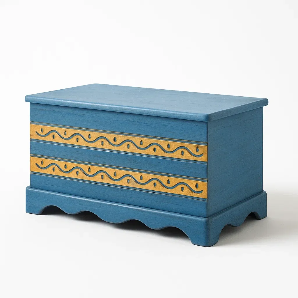Coffre de rangement en bois bleu et jaune avec motifs ondulés 80 × 40 × 50 cm