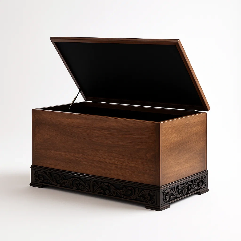 Coffre de rangement en bois de noyer avec base sculptée noire