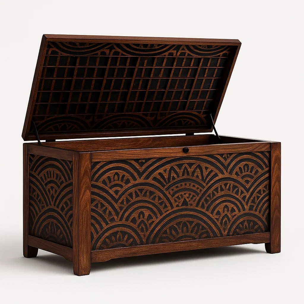 Coffre de rangement en bois sculpté marron