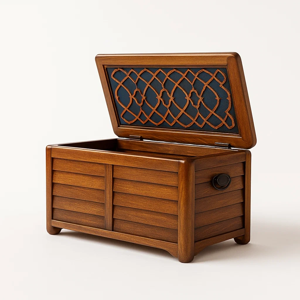 Coffre de rangement en bois avec détails géométriques