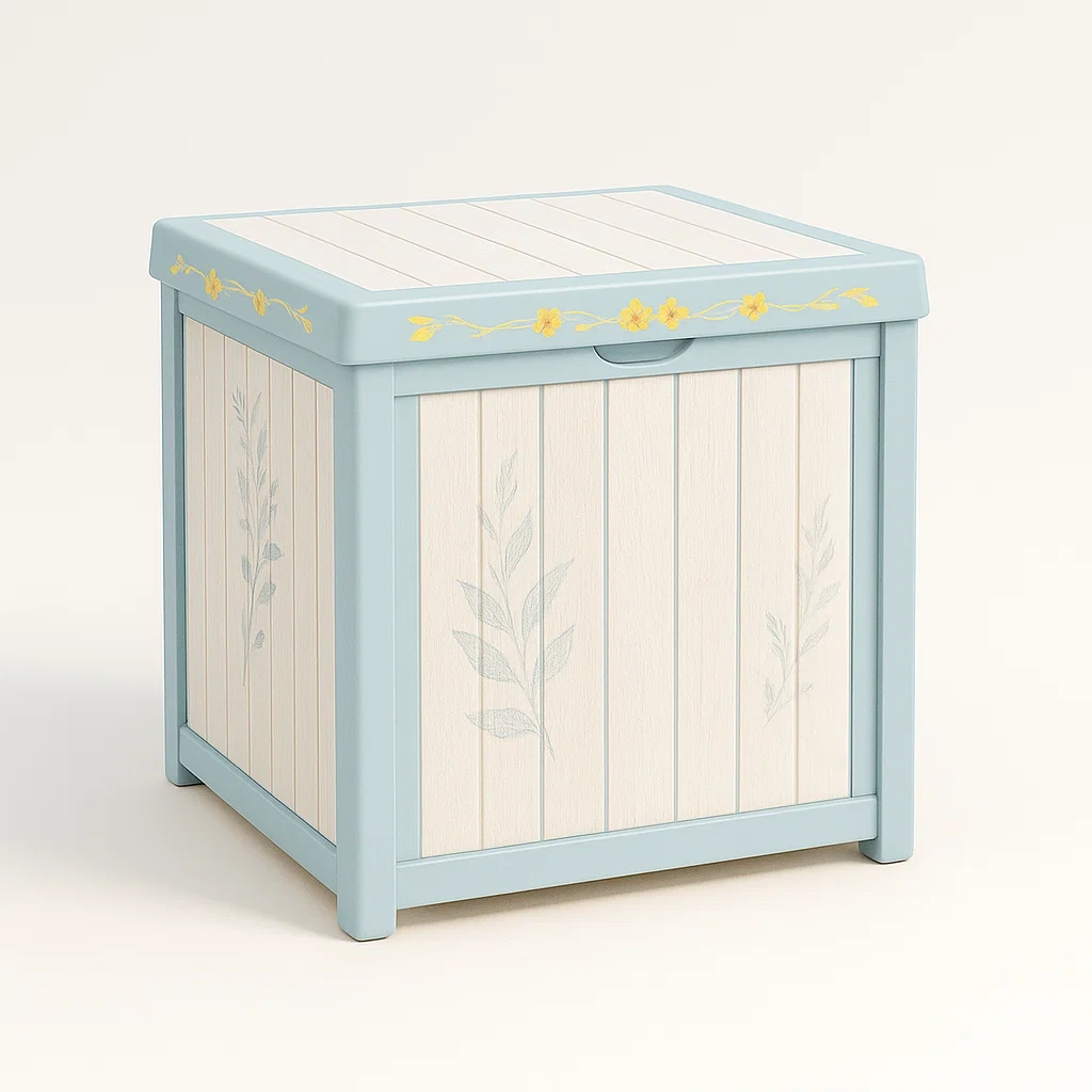 Coffre de rangement en plastique polypropylène bleu et crème avec motifs floraux