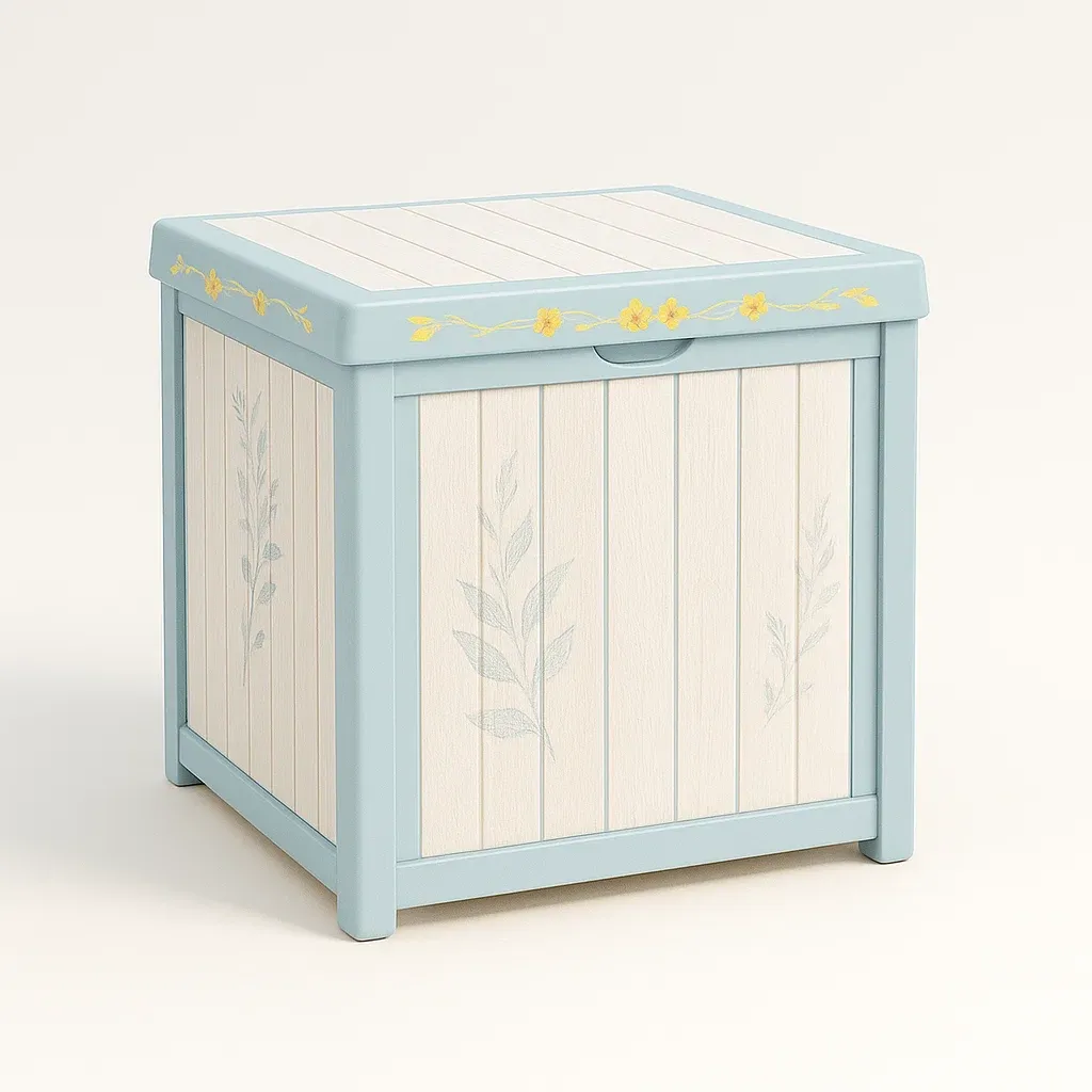 Coffre de rangement en plastique polypropylène bleu et crème avec motifs floraux