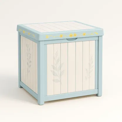 Coffre de rangement en plastique polypropylène bleu et crème avec motifs floraux