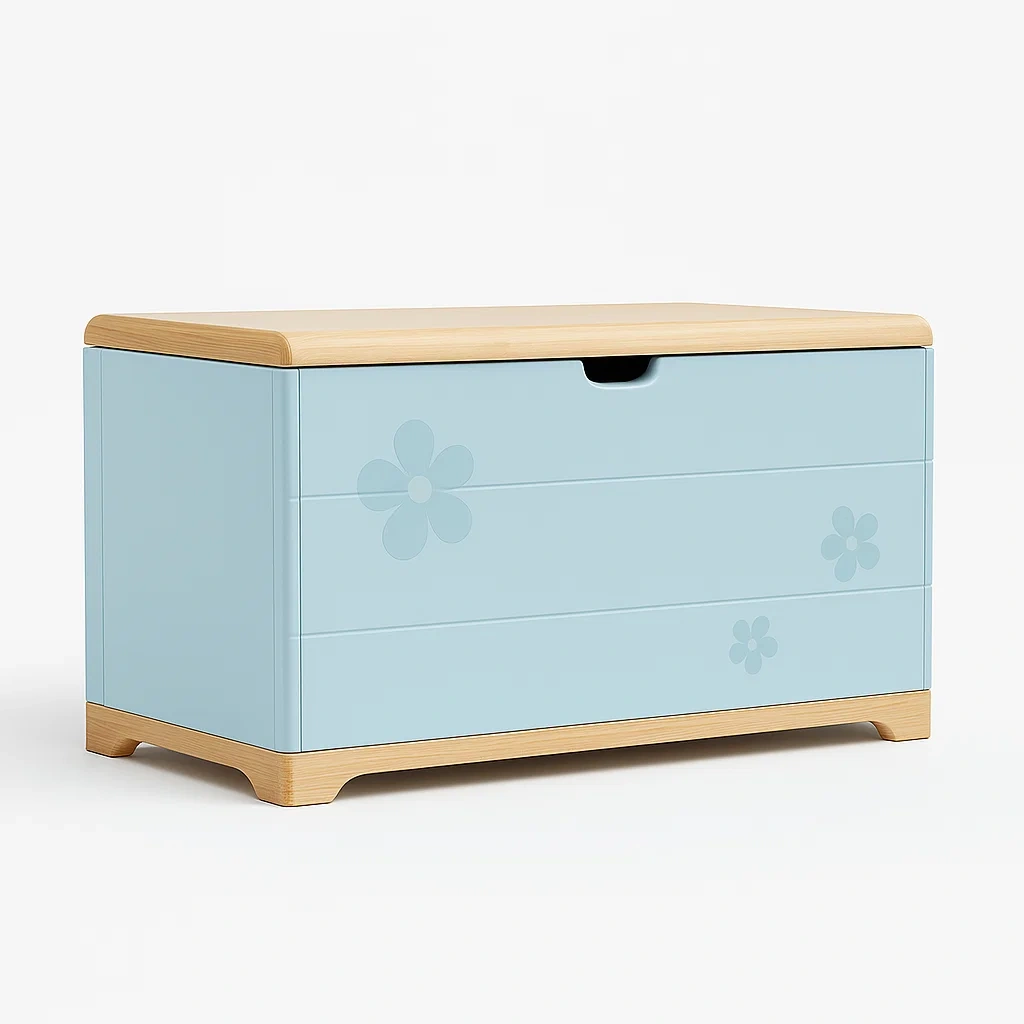 Coffre de rangement enfant en bois MDF bleu avec motifs de fleurs