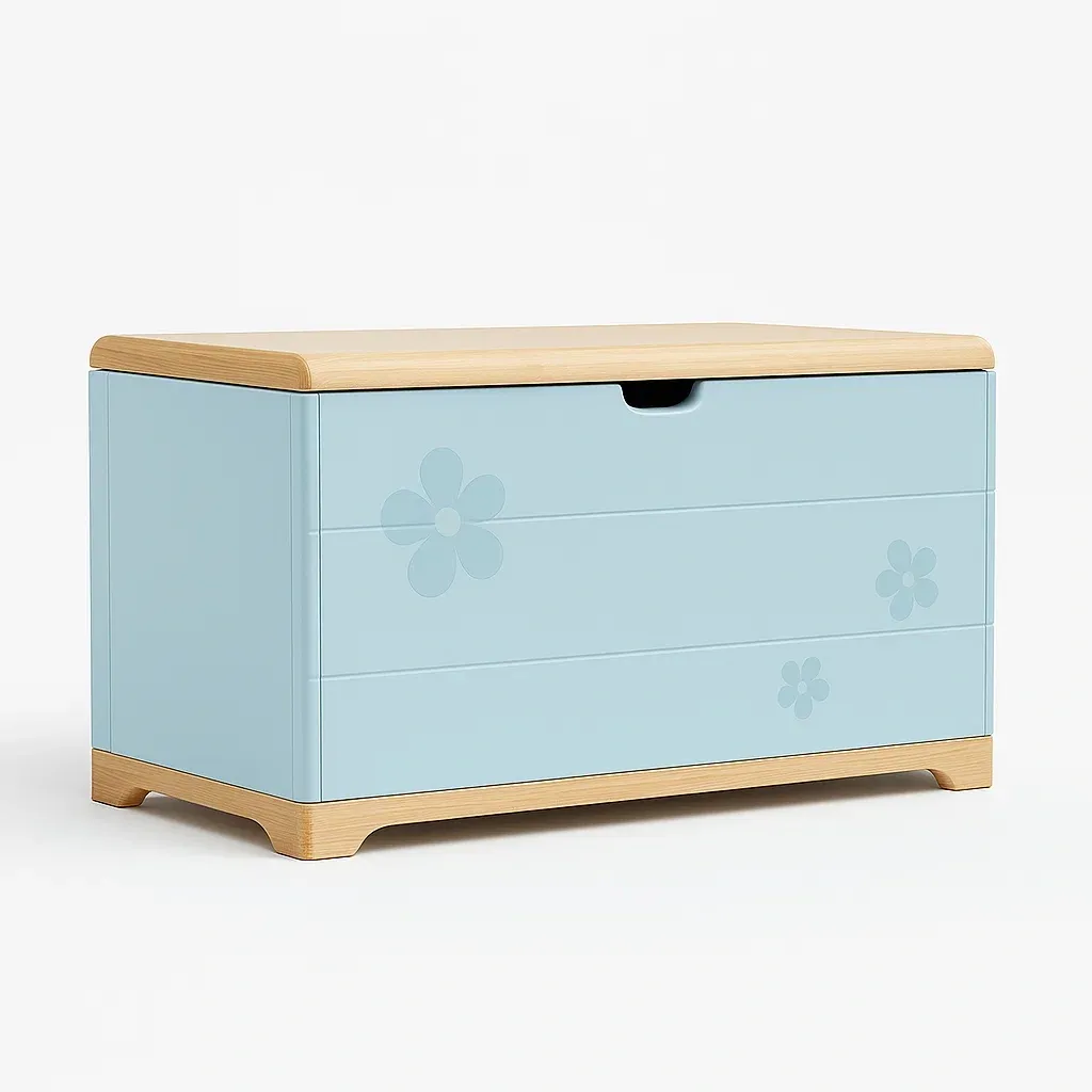 Coffre de rangement enfant en bois MDF bleu avec motifs de fleurs