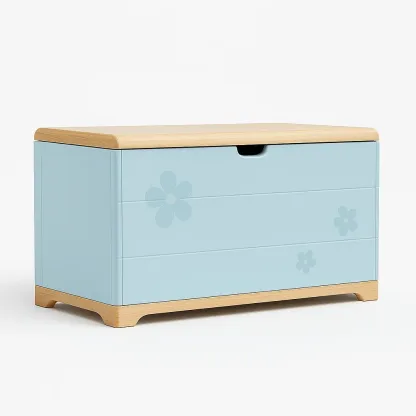 Coffre de rangement enfant en bois MDF bleu avec motifs de fleurs