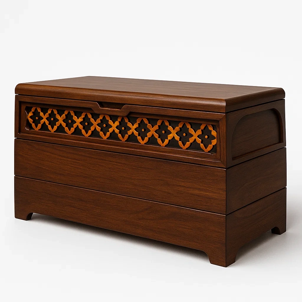 Coffre de rangement en bois d’acajou avec décoration ajourée 90 × 40 × 50 cm