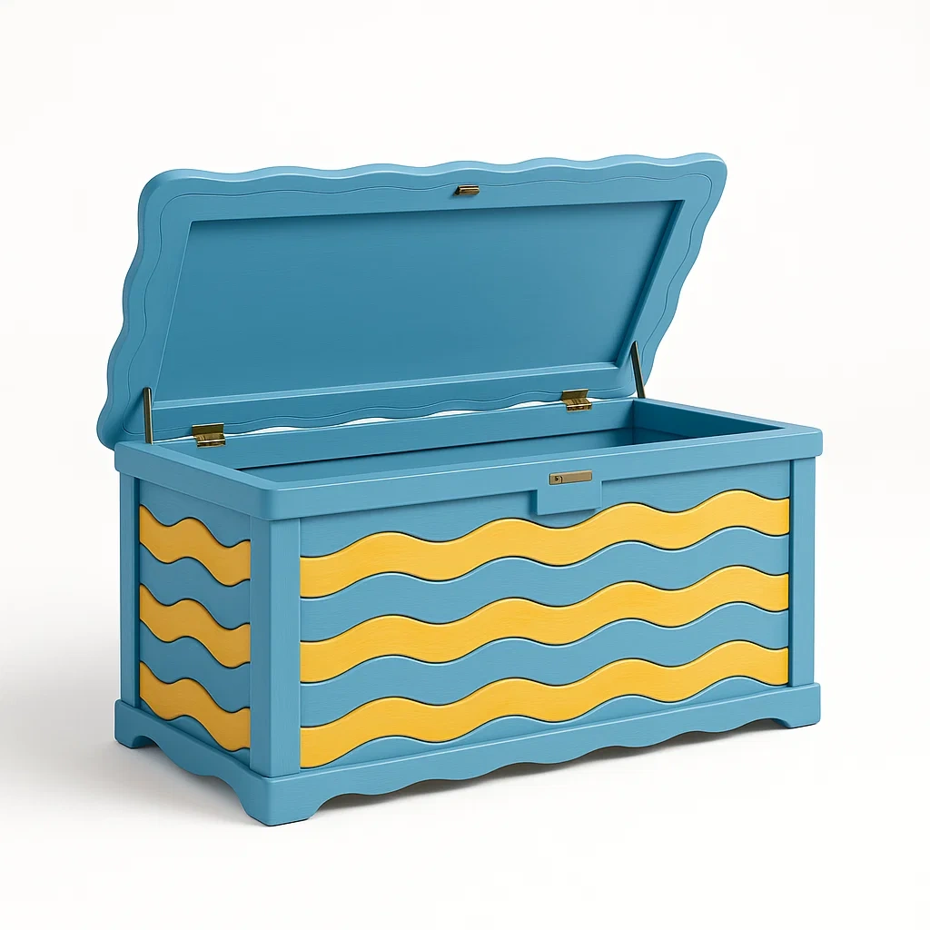 Coffre de rangement en bois bleu et jaune avec motifs ondulés