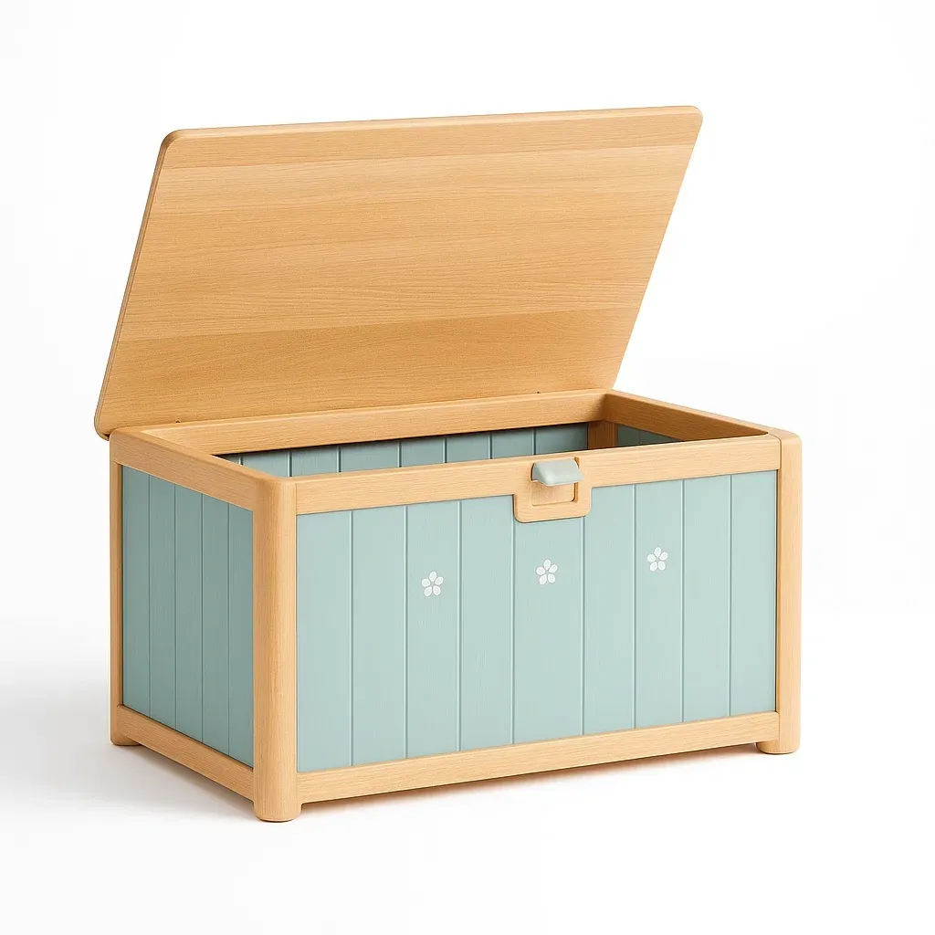 Coffre de rangement en bois et MDF bleu vert pastel avec petits motifs floraux
