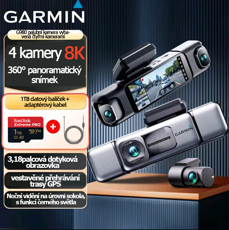Garmin G980 chytrá palubní kamera s umělou inteligencí a hlasovým ovládáním, vybavená čtyřmi kamerami, 360° panoramatickým zobrazením, 4K ultra vysokým nočním viděním a GPS sledováním