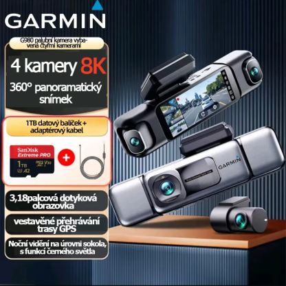 Garmin G980 chytrá palubní kamera s umělou inteligencí a hlasovým ovládáním, vybavená čtyřmi kamerami, 360° panoramatickým zobrazením, 4K ultra vysokým nočním viděním a GPS sledováním