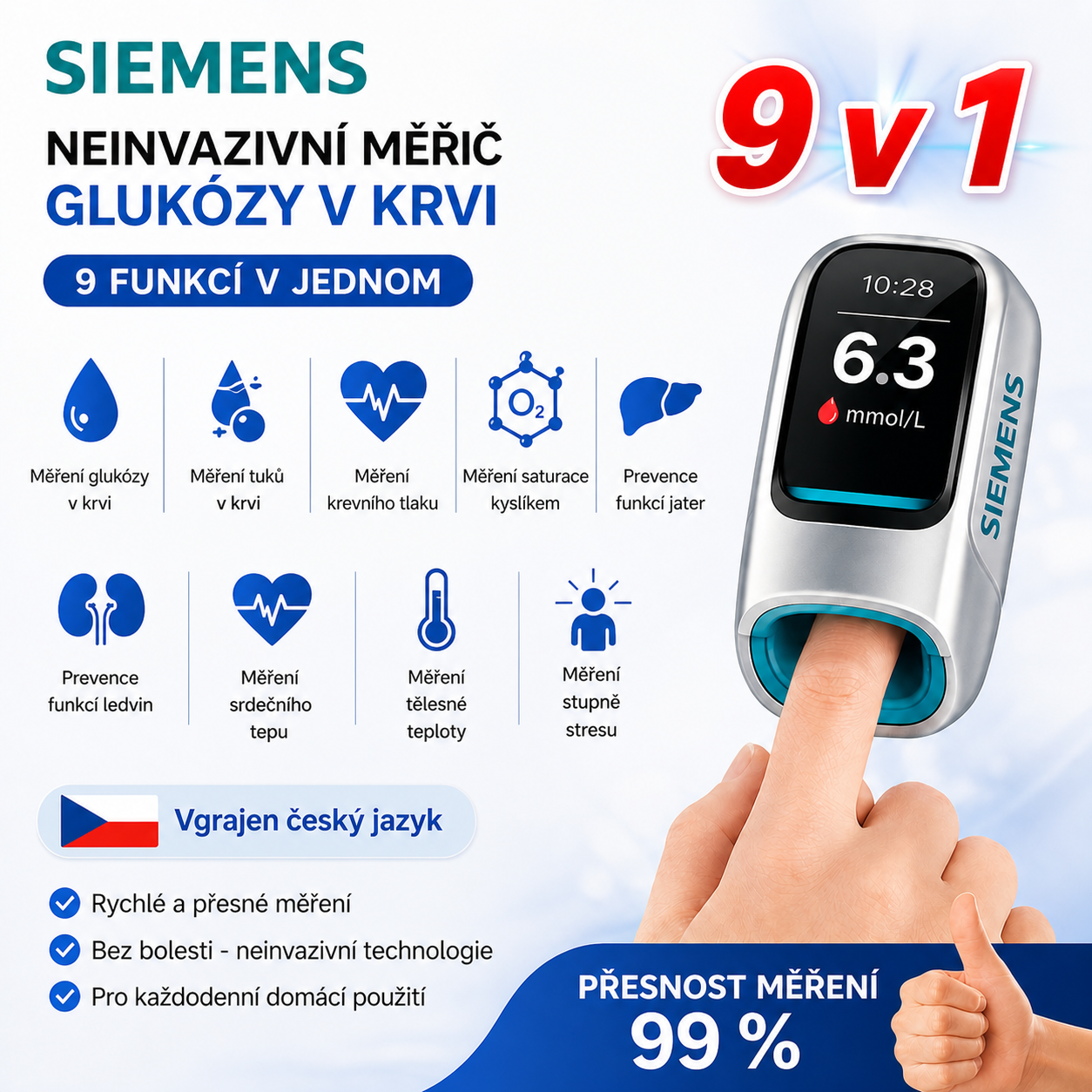 🔥 Neinvazivní chytrý glukometr Siemens™ – Bezbolestné, bezjehlové a rychlé měření glukózy doma 🔥