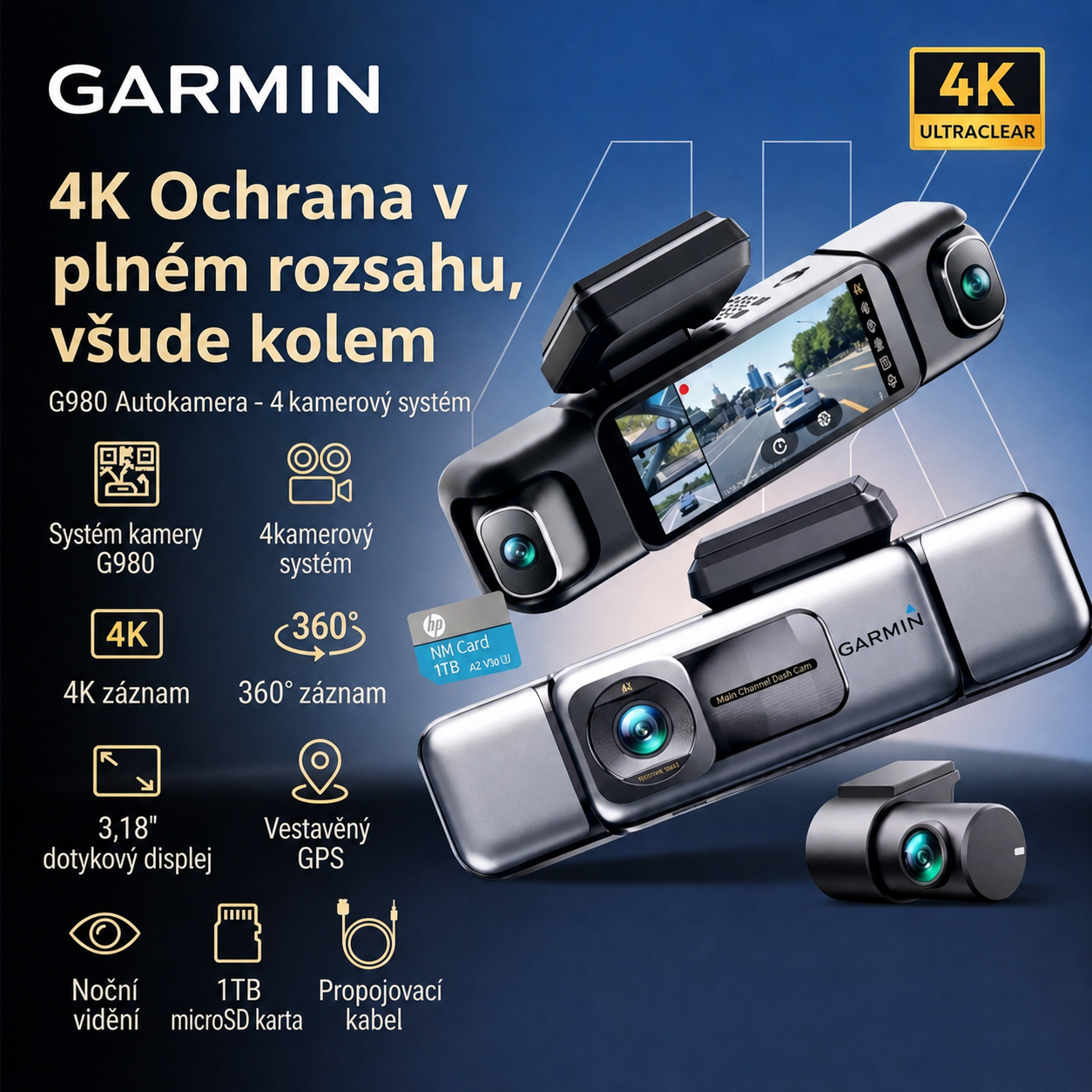 Garmin G980 chytrá palubní kamera s umělou inteligencí a hlasovým ovládáním, vybavená čtyřmi kamerami, 360° panoramatickým zobrazením, 4K ultra vysokým nočním viděním a GPS sledováním