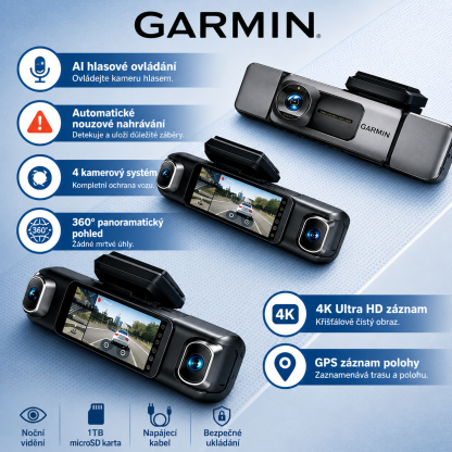 Garmin G980 chytrá palubní kamera s umělou inteligencí a hlasovým ovládáním, vybavená čtyřmi kamerami, 360° panoramatickým zobrazením, 4K ultra vysokým nočním viděním a GPS sledováním