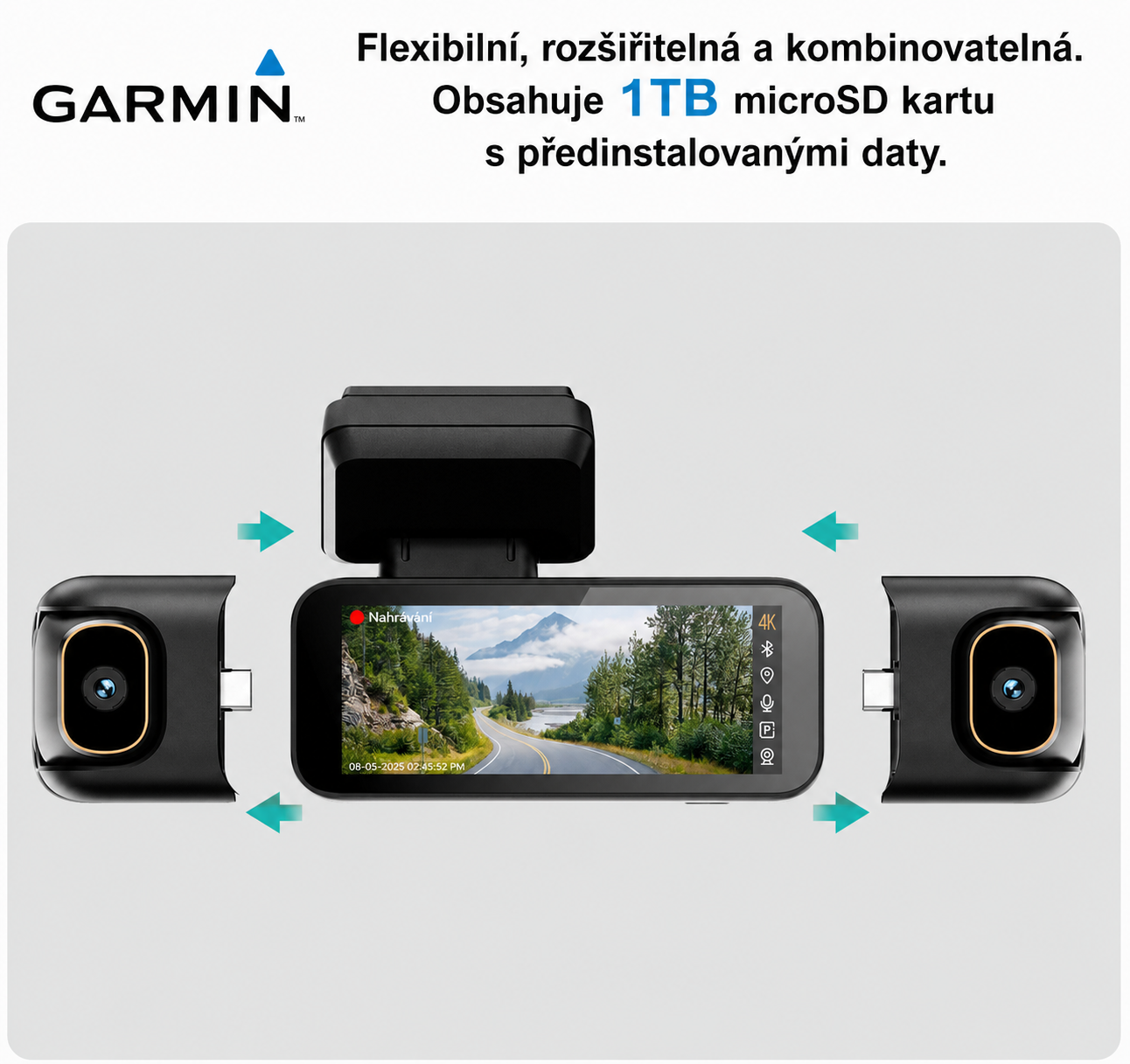 Garmin G980 chytrá palubní kamera s umělou inteligencí a hlasovým ovládáním, vybavená čtyřmi kamerami, 360° panoramatickým zobrazením, 4K ultra vysokým nočním viděním a GPS sledováním
