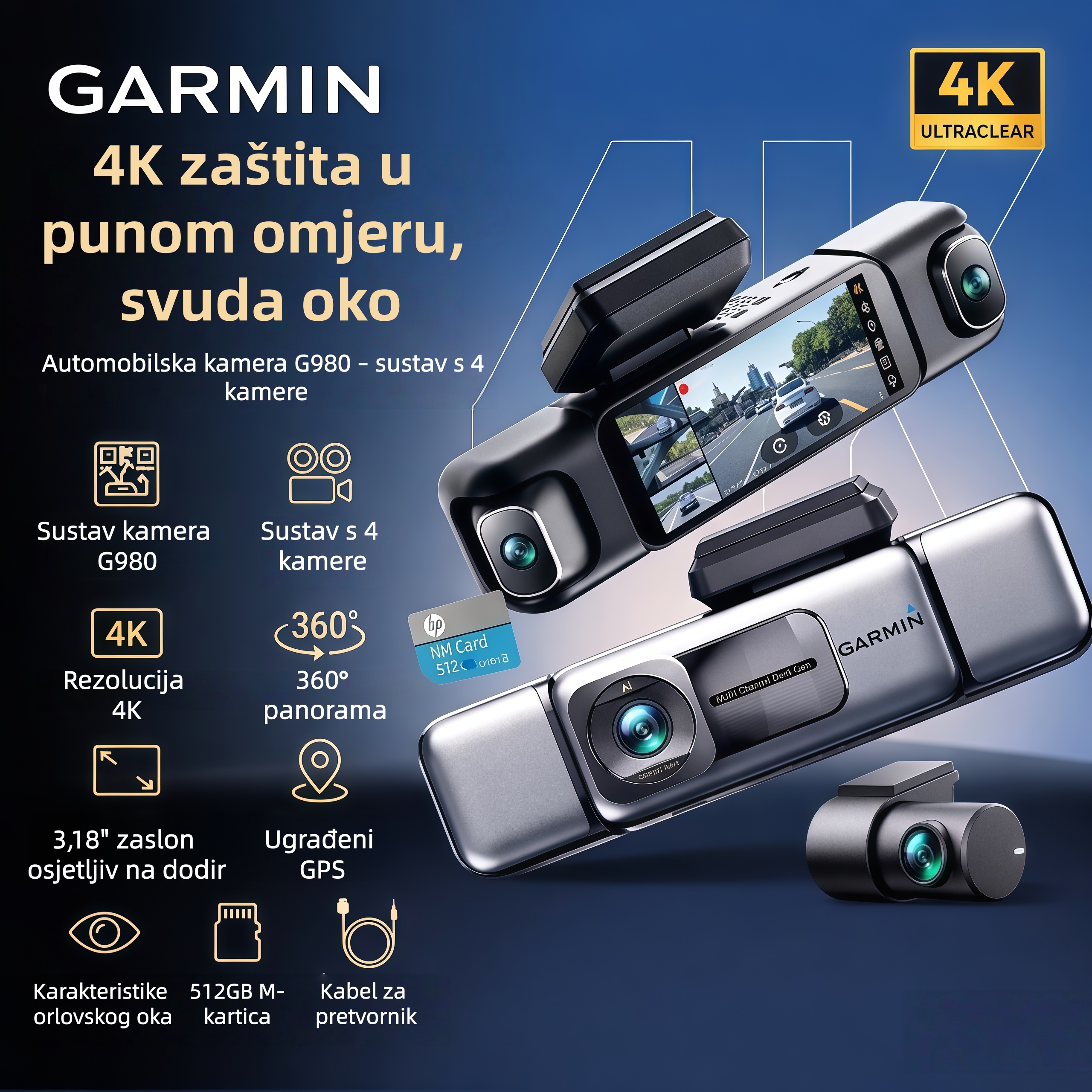 🔥🔥🔥Garmin G980 360° 8K kamera za automobil – Inteligentna zaštita s umjetnom inteligencijom, glasovno upravljanje, noćni vid, postavljanje četiri kamere i GPS praćenje za sveobuhvatnu sigurnost.🔥🔥🔥
