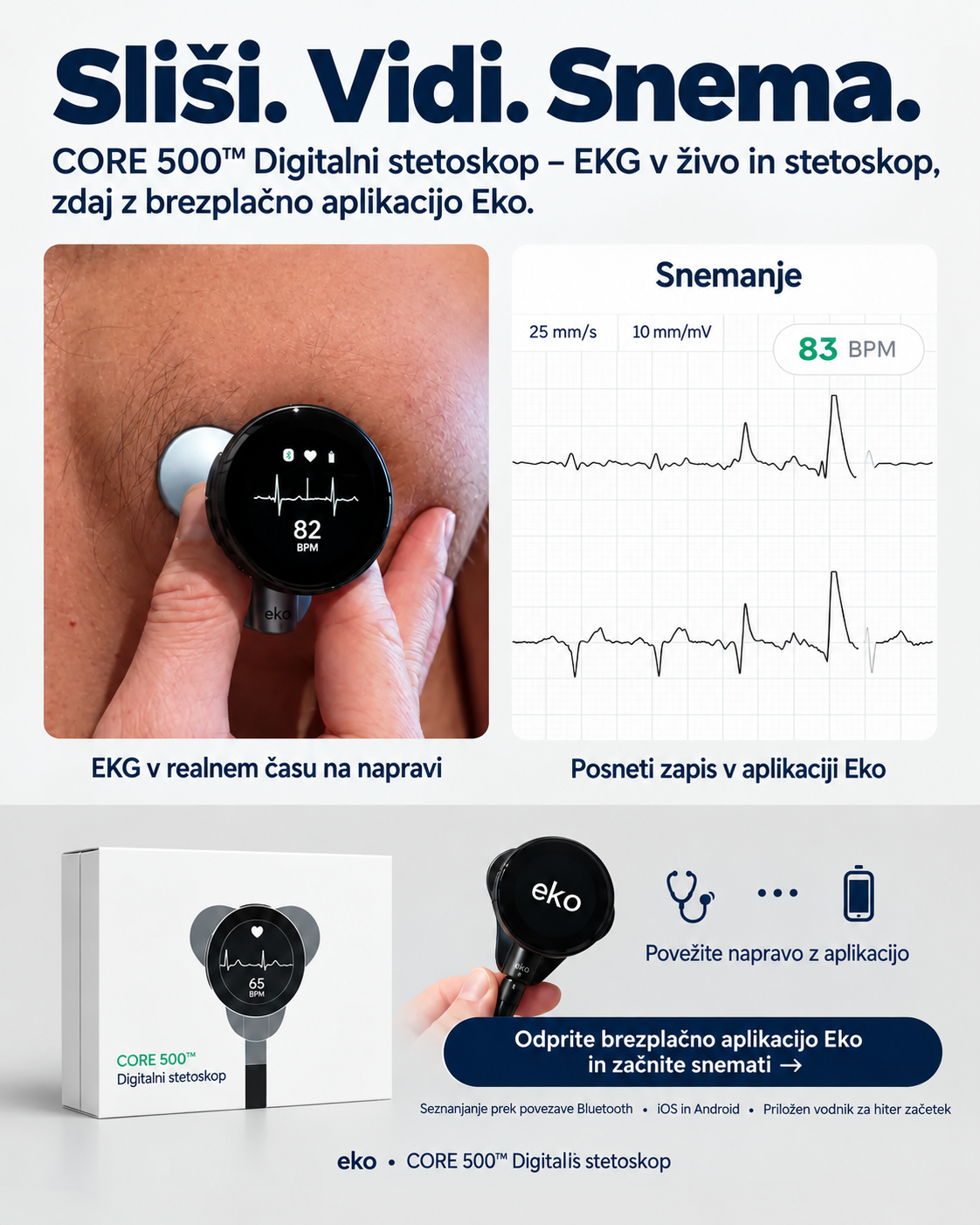 Digitalni EKG-stetoskop CORE 500™ z analizo z umetno inteligenco in vrhunsko kakovostjo zvoka.