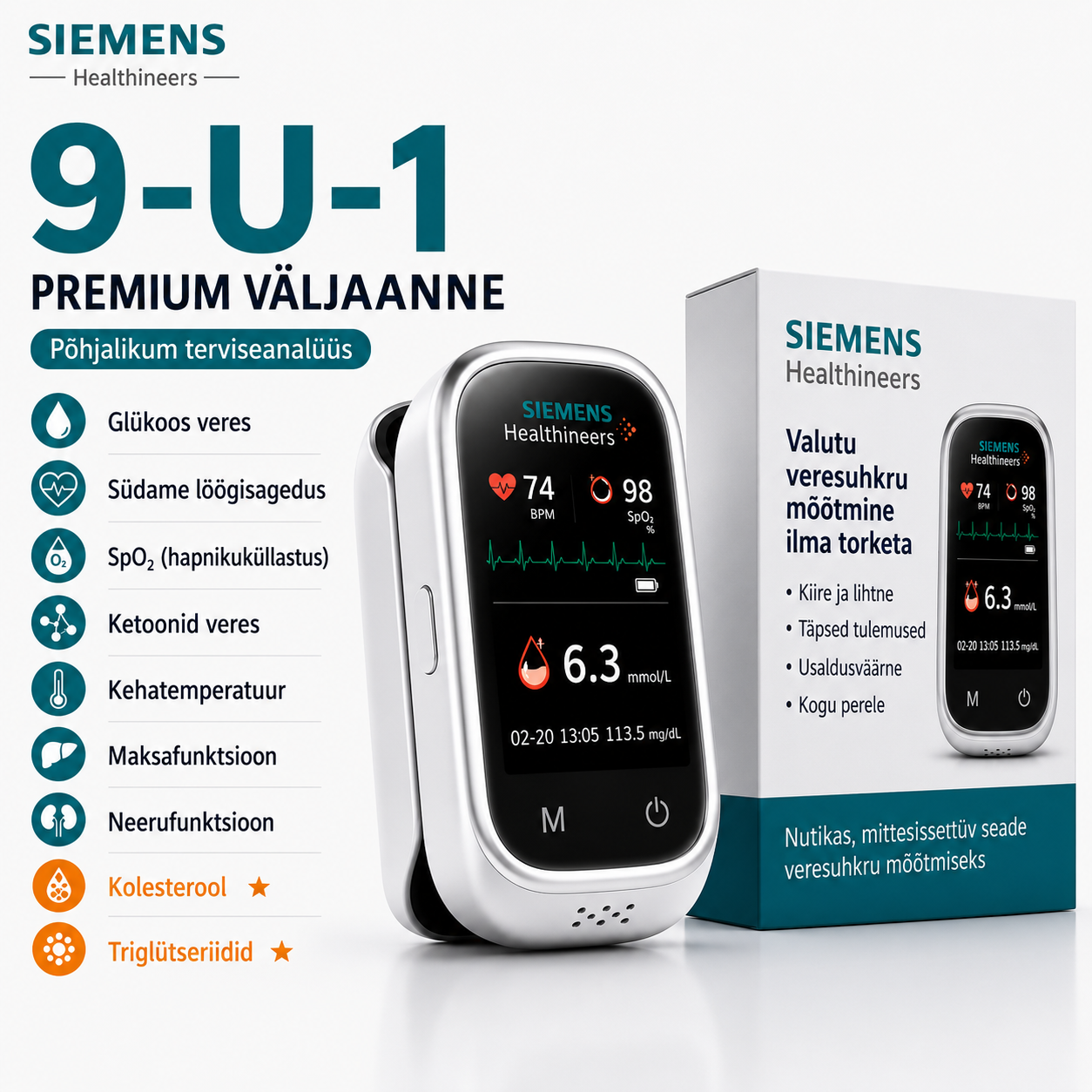 Siemens™ 11-v-1 merilnik glukoze v krvi brez igle • Ni potrebno vbodenje • Ni potrebnih testnih lističev • Rezultati v samo 5 sekundah
