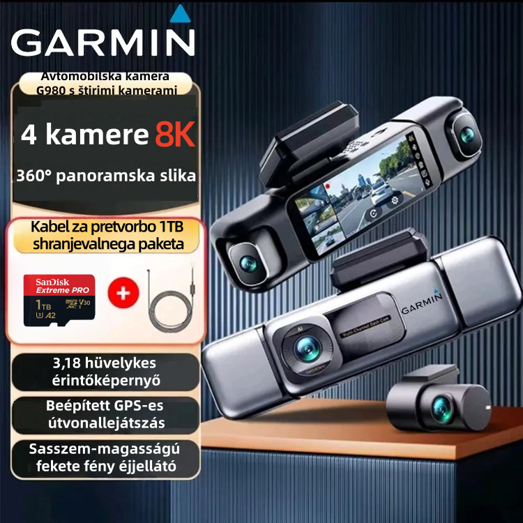 Garmin G980 avtomobilska kamera z umetno inteligenco in glasovnim upravljanjem, štirimi kamerami, 360° panoramskim pogledom, 4K Ultra HD nočnim vidom in GPS sledenjem