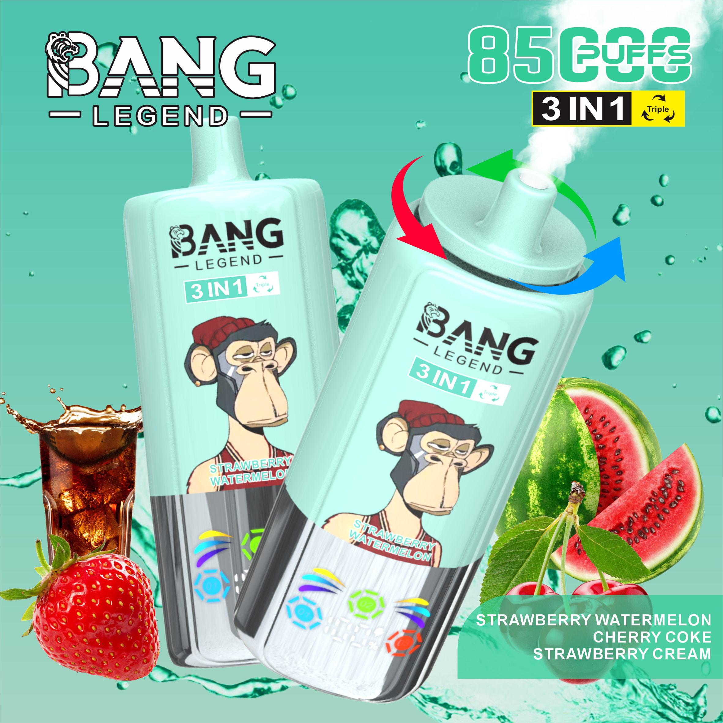 BANG LEGEND 85000 Puffs Disposable Vape – 3-in-1 Triple Flavor, Low Nicotine, Rechargeable, Type-C Charging