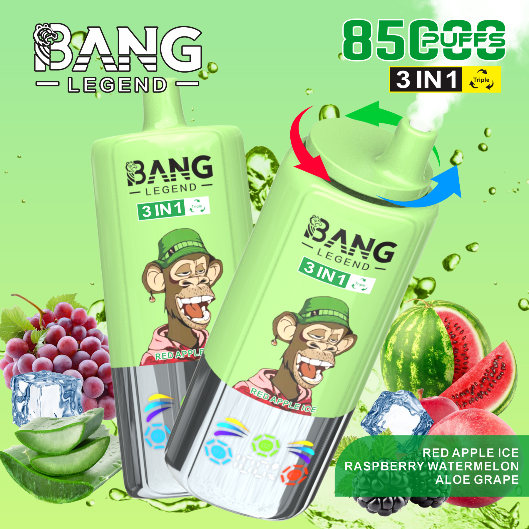 BANG LEGEND 85000 Puffs Disposable Vape – 3-in-1 Triple Flavor, Low Nicotine, Rechargeable, Type-C Charging