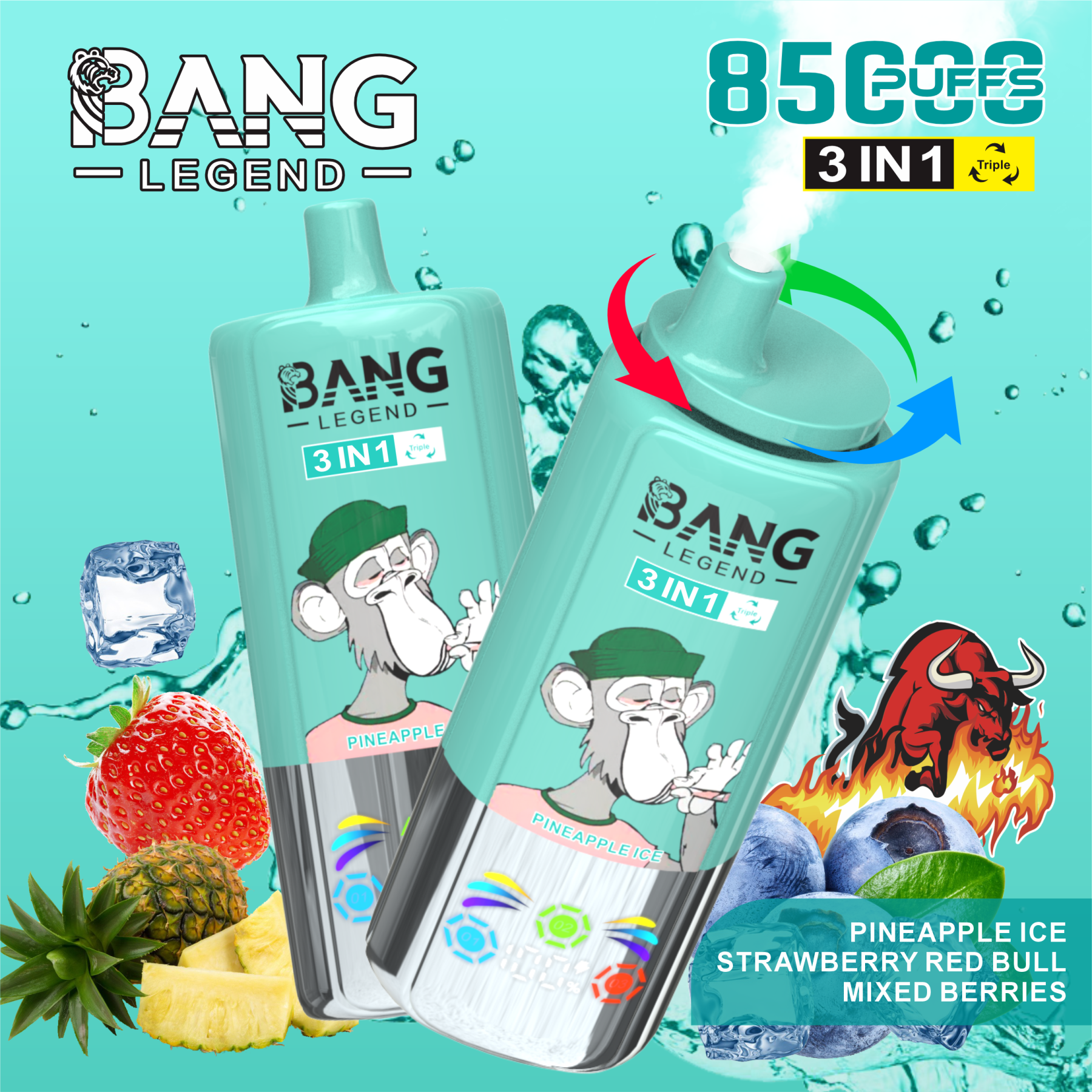 BANG LEGEND 85000 Puffs Disposable Vape – 3-in-1 Triple Flavor, Low Nicotine, Rechargeable, Type-C Charging