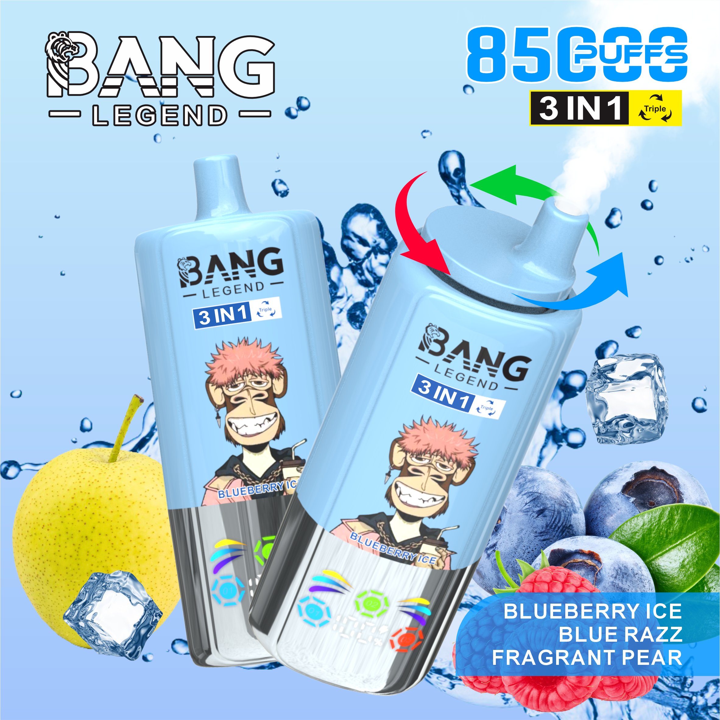 BANG LEGEND 85000 Puffs Disposable Vape – 3-in-1 Triple Flavor, Low Nicotine, Rechargeable, Type-C Charging