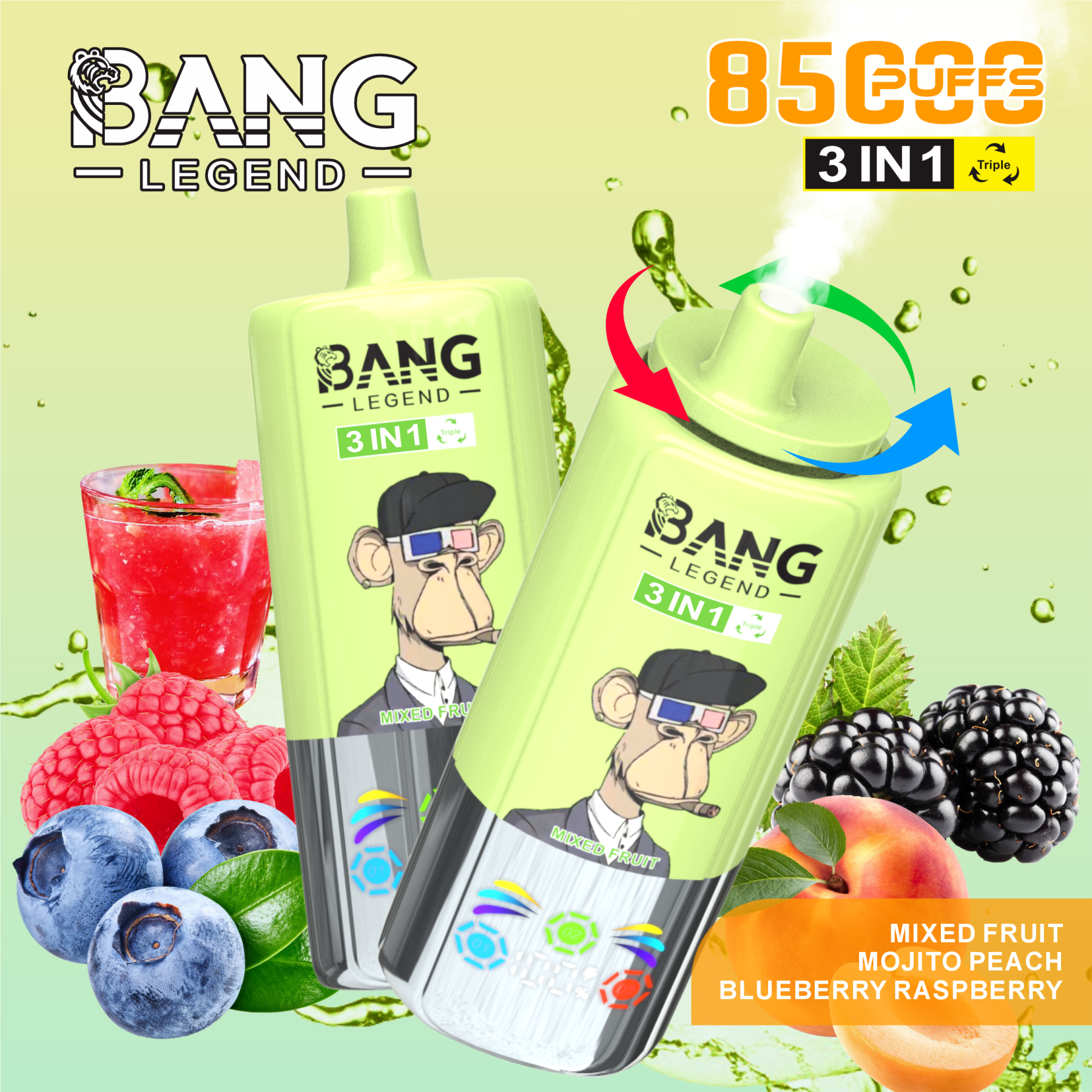 BANG LEGEND 85000 Puffs Disposable Vape – 3-in-1 Triple Flavor, Low Nicotine, Rechargeable, Type-C Charging