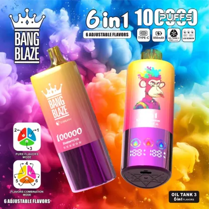 Bang Blaze 100K Puffs 6-in-1 Flavors Disposable Vape – 850mAh Rechargeable, Triple Mesh Coil, LED Display, Type-C Charging