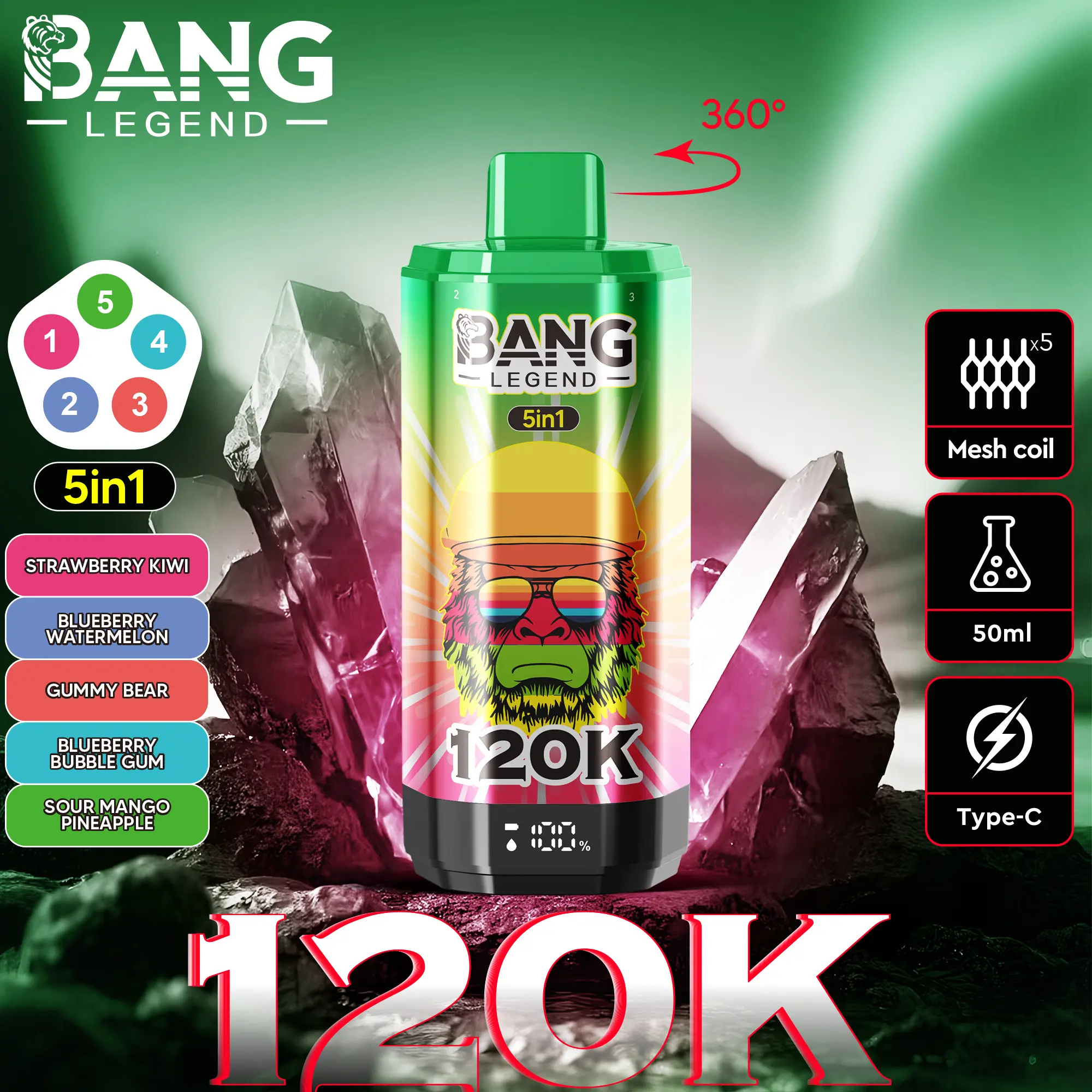 BANG LEGEND 120000 Puffs 5-in-1 Disposable Vape – 40mL E-liquid, Rechargeable, Low Nicotine, Bulk Buy Available