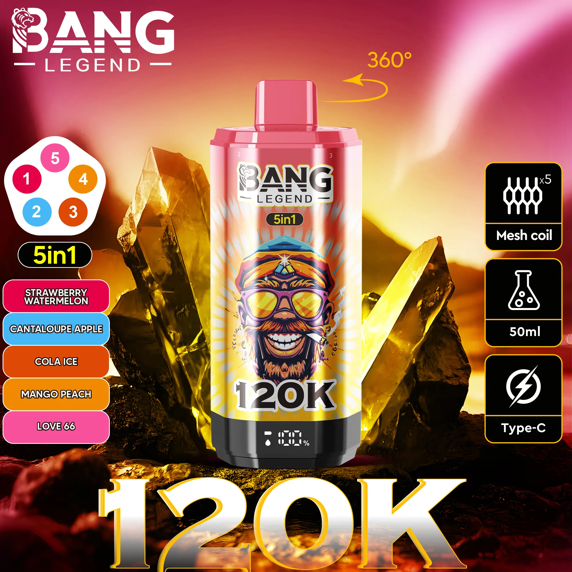 BANG LEGEND 120000 Puffs 5-in-1 Disposable Vape – 40mL E-liquid, Rechargeable, Low Nicotine, Bulk Buy Available
