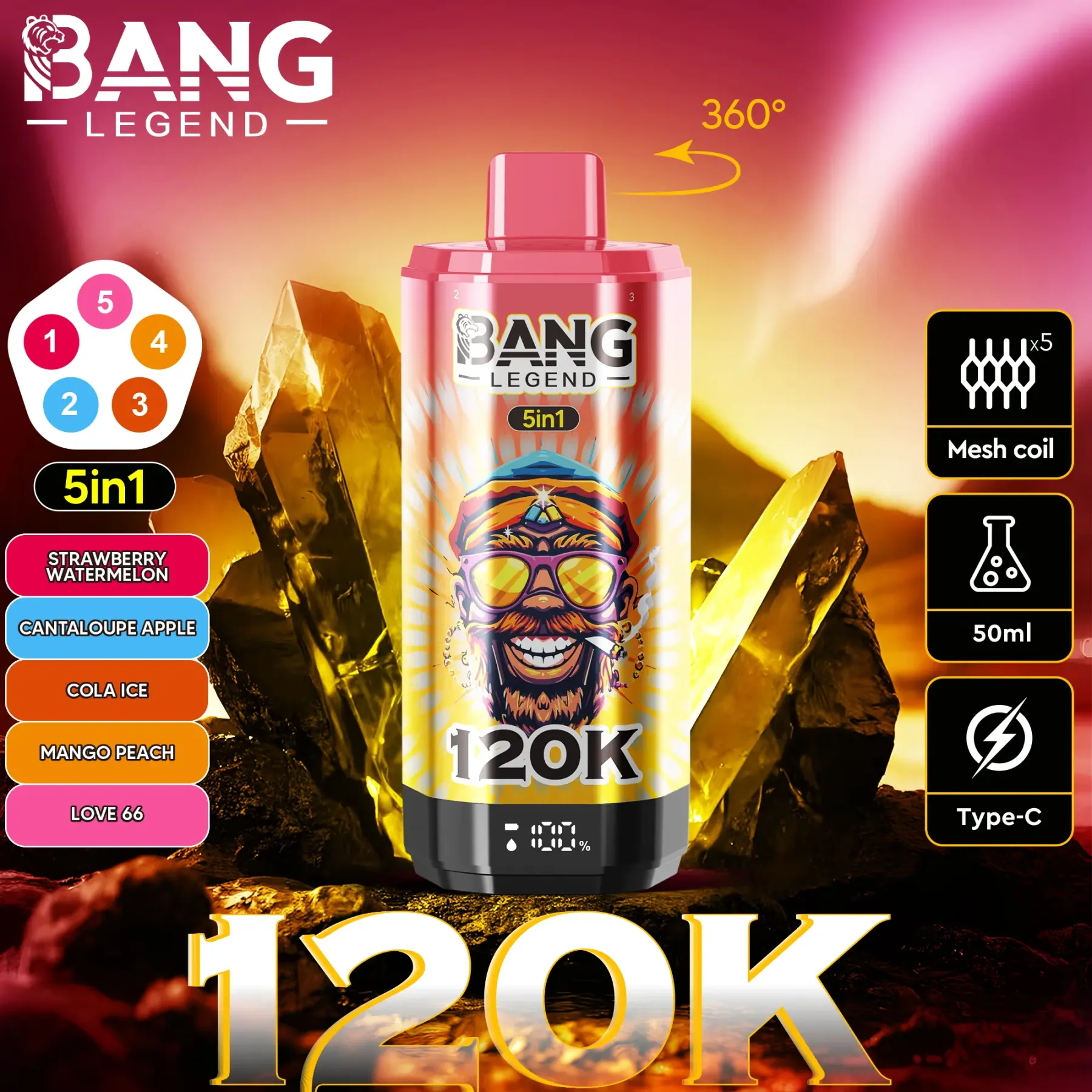 BANG LEGEND 120000 Puffs 5-in-1 Disposable Vape – 40mL E-liquid, Rechargeable, Low Nicotine, Bulk Buy Available
