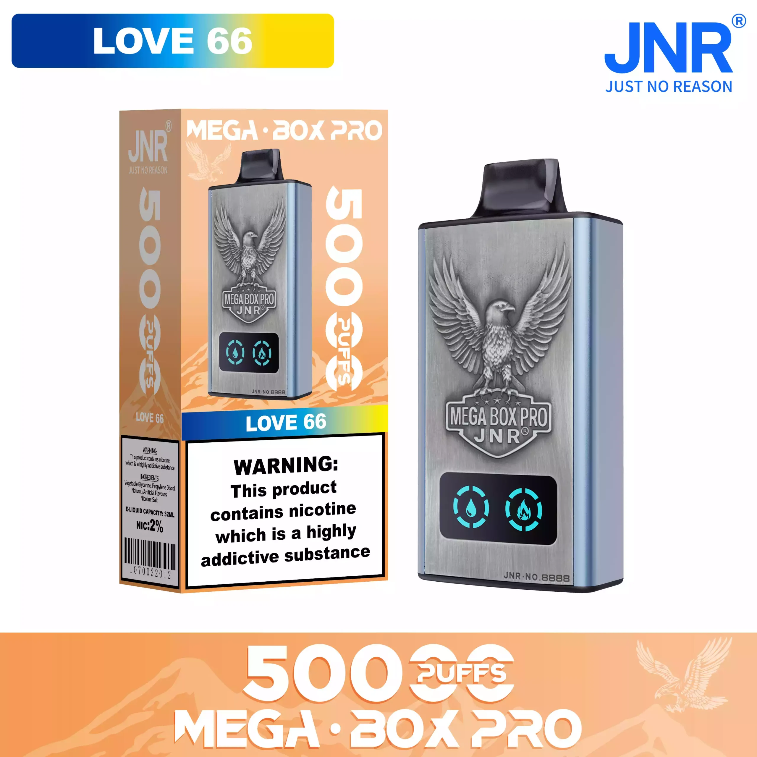 JNR Mega Box Pro 50000 Puffs – 32ml, Rechargeable, Dual Mesh Coil, Type-C Charging, Available in Multiple Flavors and Nicotine Strengths