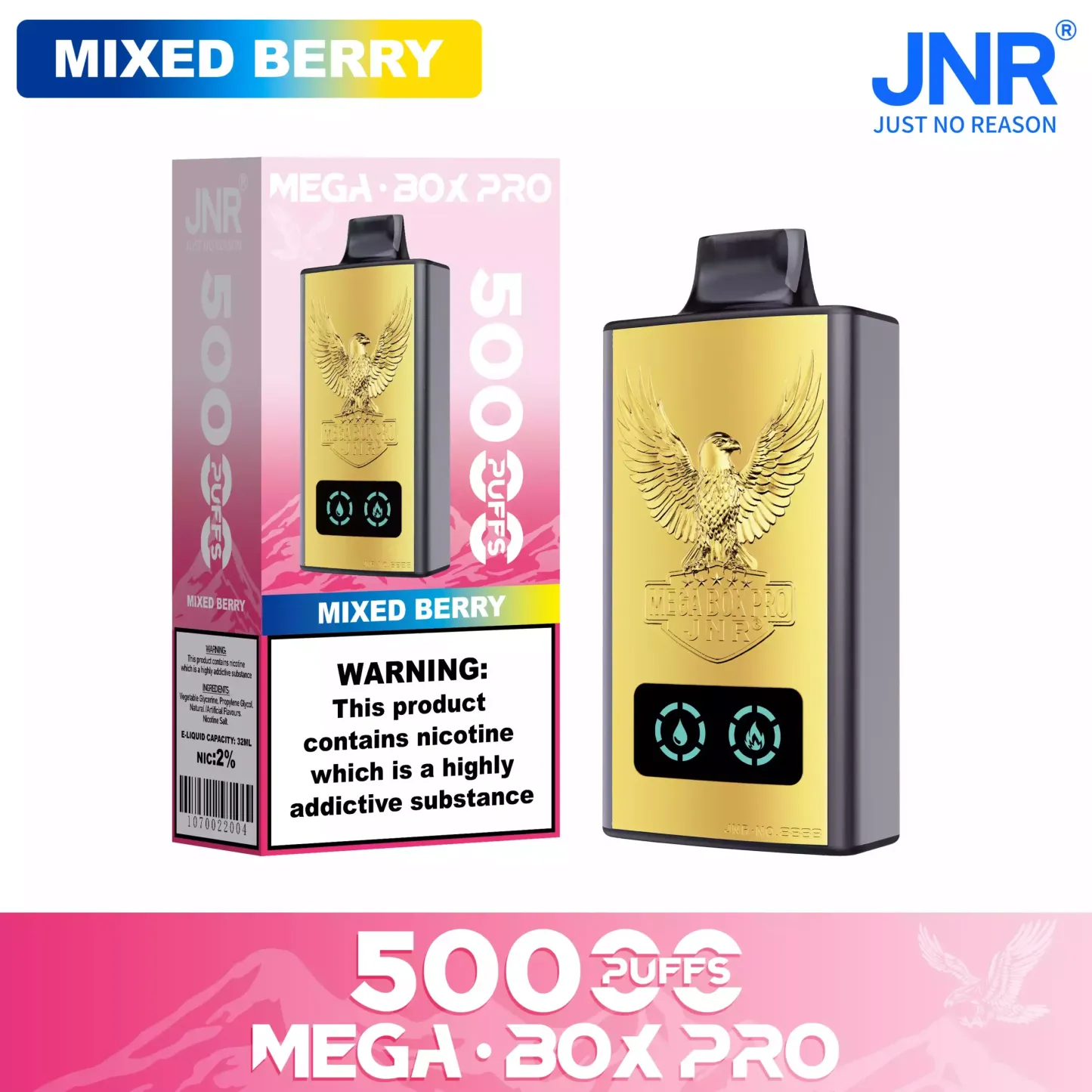 JNR Mega Box Pro 50000 Puffs – 32ml, Rechargeable, Dual Mesh Coil, Type-C Charging, Available in Multiple Flavors and Nicotine Strengths