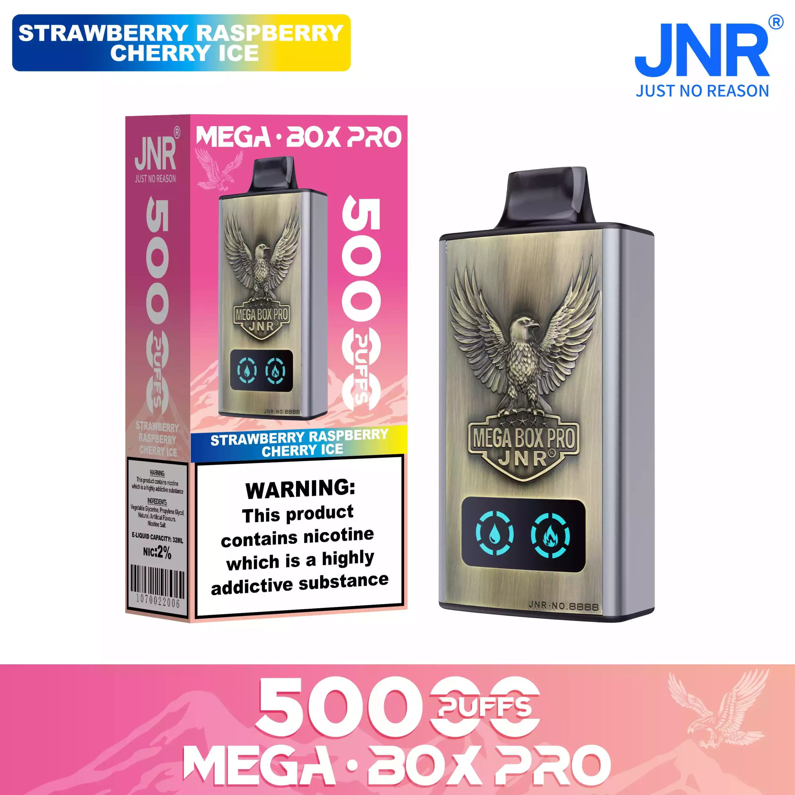 JNR Mega Box Pro 50000 Puffs – 32ml, Rechargeable, Dual Mesh Coil, Type-C Charging, Available in Multiple Flavors and Nicotine Strengths