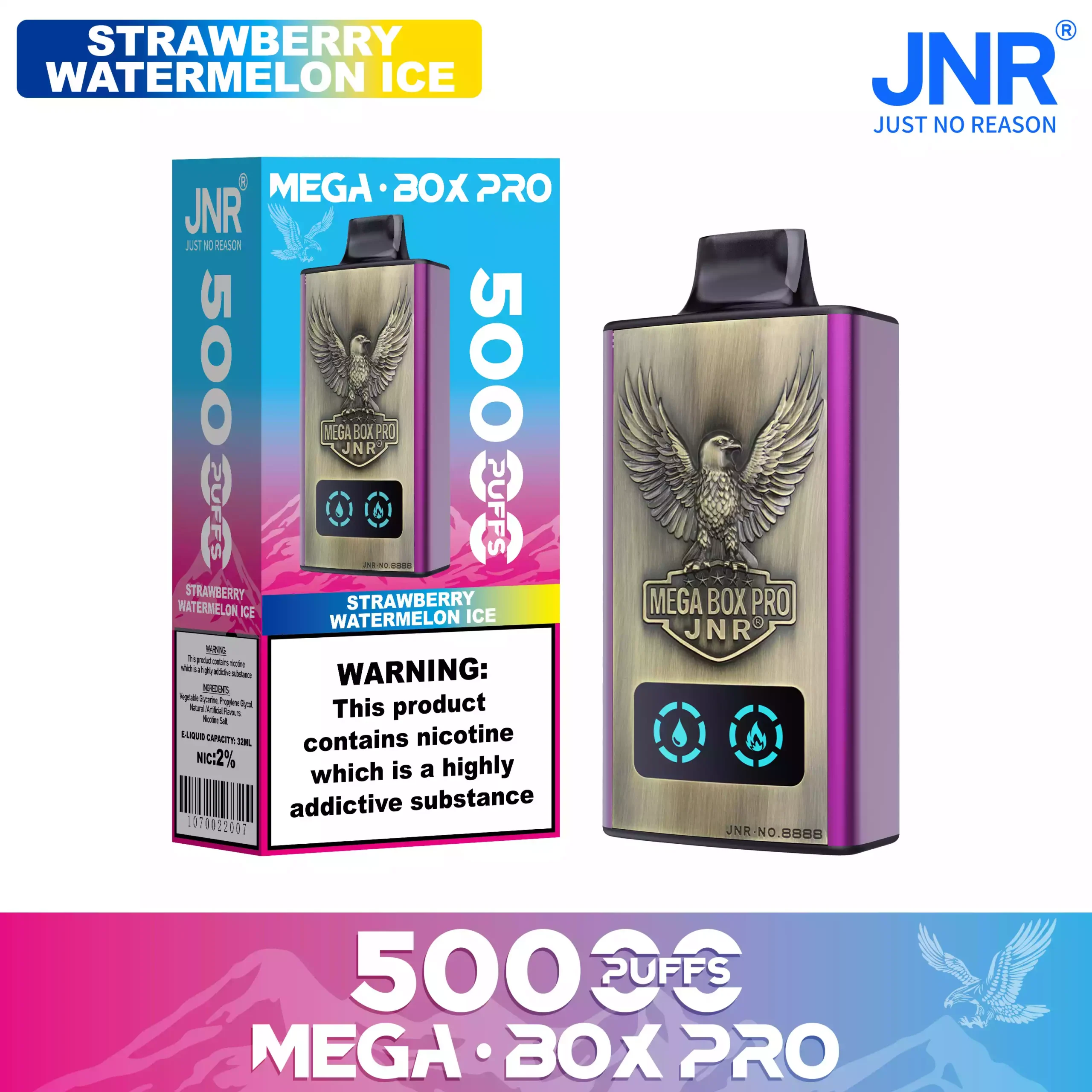 JNR Mega Box Pro 50000 Puffs – 32ml, Rechargeable, Dual Mesh Coil, Type-C Charging, Available in Multiple Flavors and Nicotine Strengths