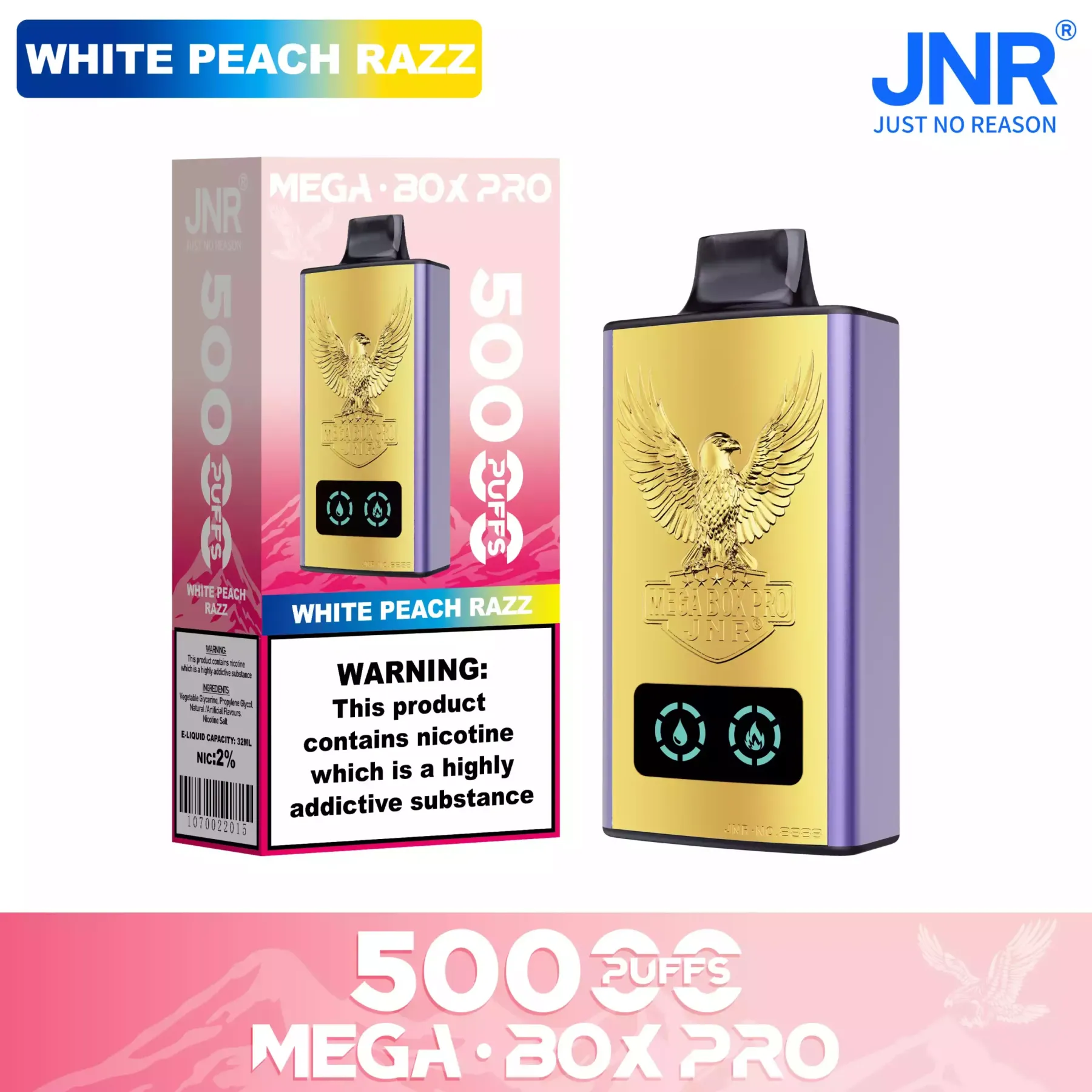 JNR Mega Box Pro 50000 Puffs – 32ml, Rechargeable, Dual Mesh Coil, Type-C Charging, Available in Multiple Flavors and Nicotine Strengths