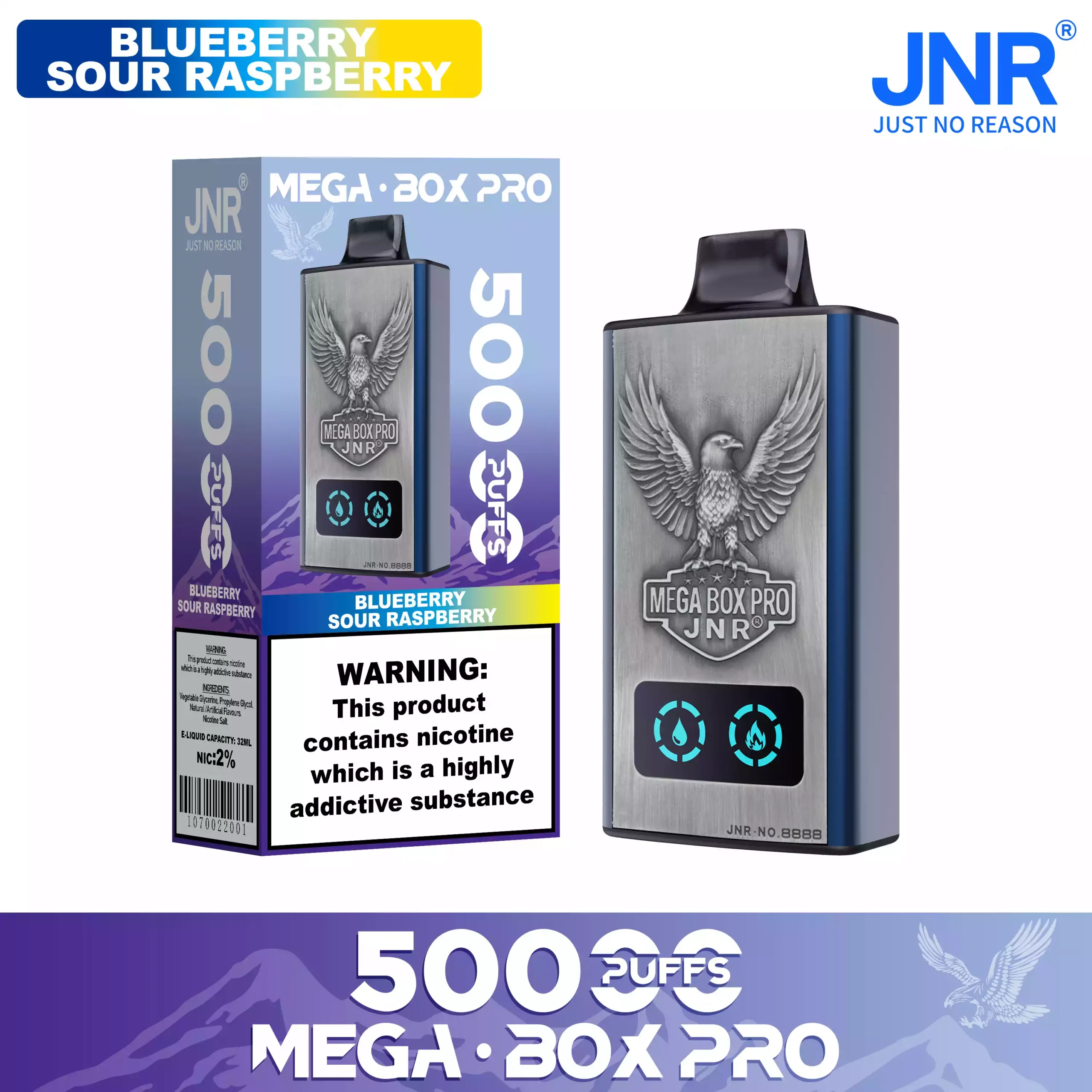 JNR Mega Box Pro 50000 Puffs – 32ml, Rechargeable, Dual Mesh Coil, Type-C Charging, Available in Multiple Flavors and Nicotine Strengths