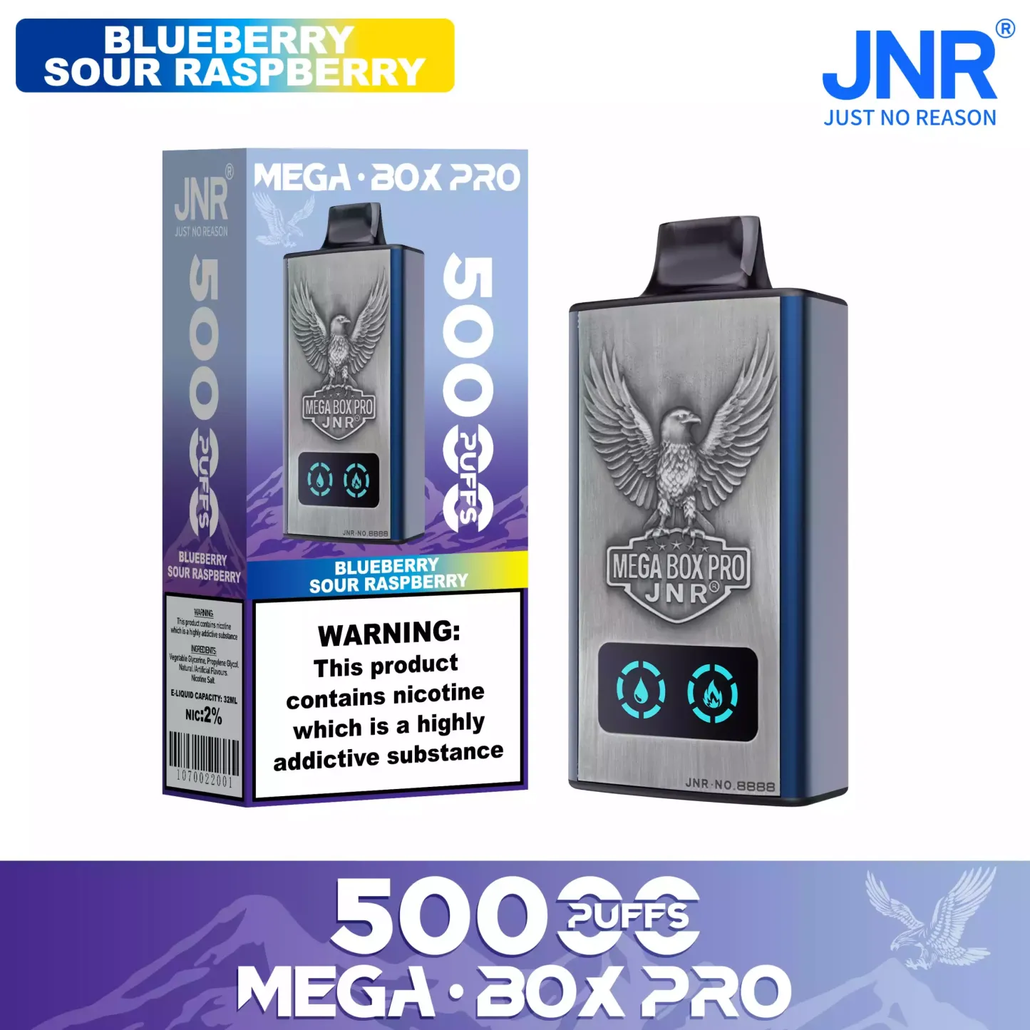 JNR Mega Box Pro 50000 Puffs – 32ml, Rechargeable, Dual Mesh Coil, Type-C Charging, Available in Multiple Flavors and Nicotine Strengths