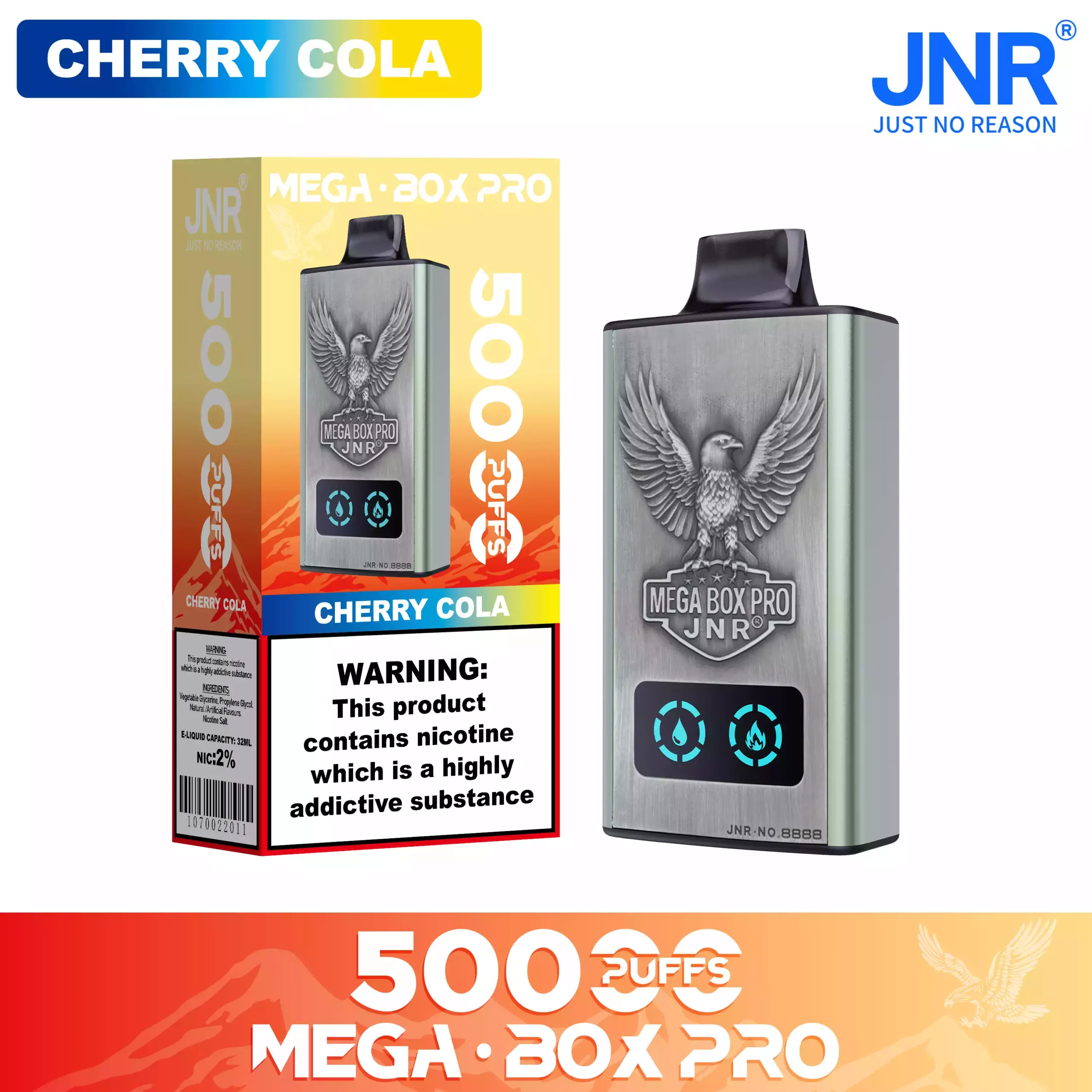 JNR Mega Box Pro 50000 Puffs – 32ml, Rechargeable, Dual Mesh Coil, Type-C Charging, Available in Multiple Flavors and Nicotine Strengths