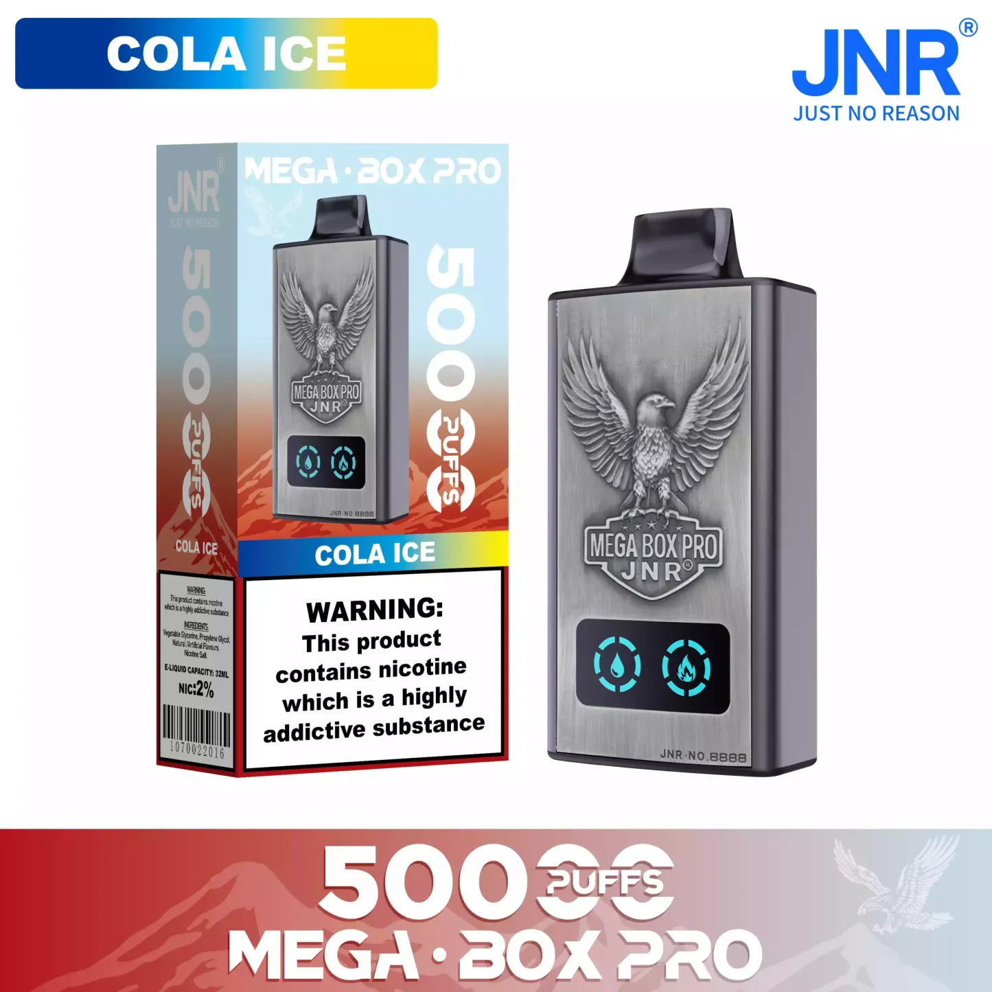 JNR Mega Box Pro 50000 Puffs – 32ml, Rechargeable, Dual Mesh Coil, Type-C Charging, Available in Multiple Flavors and Nicotine Strengths