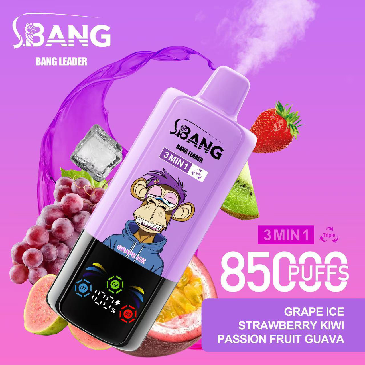 Bang Leader 85000 Puffs 3 in 1 Vape – Triple Flavors in Every Hit | Smart Screen, Mesh Coil, Type-C Rechargeable